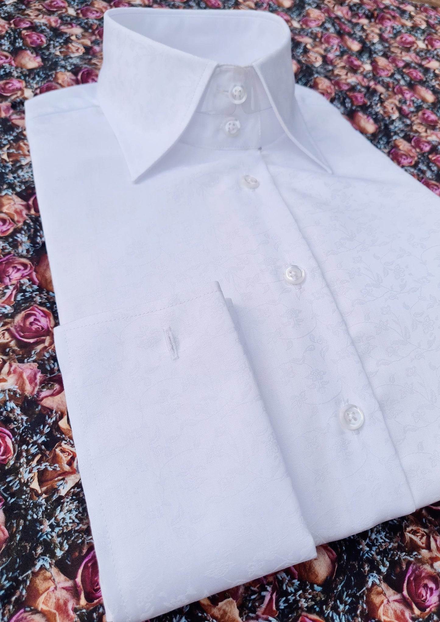 Luxury White Herringbone Blouse: High Collar French Cuff Cotton Shirt