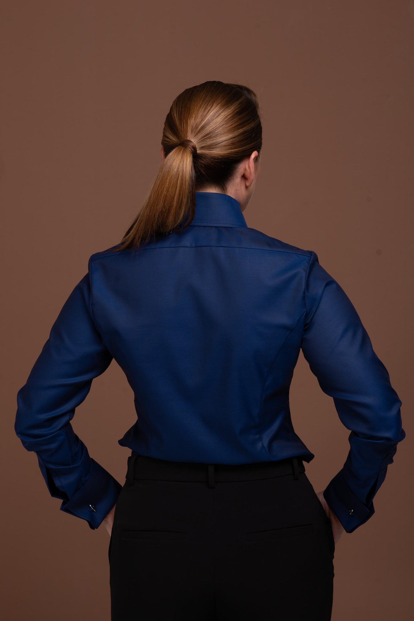 Navy Blue French Cuff Shirt: Fitted Easy Care Cotton Blouse