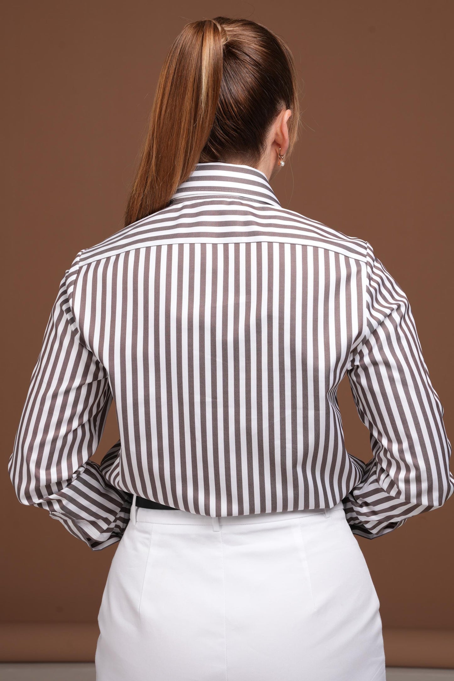 Brown and White Striped Cotton Blouse: European Made Easy Care Shirt