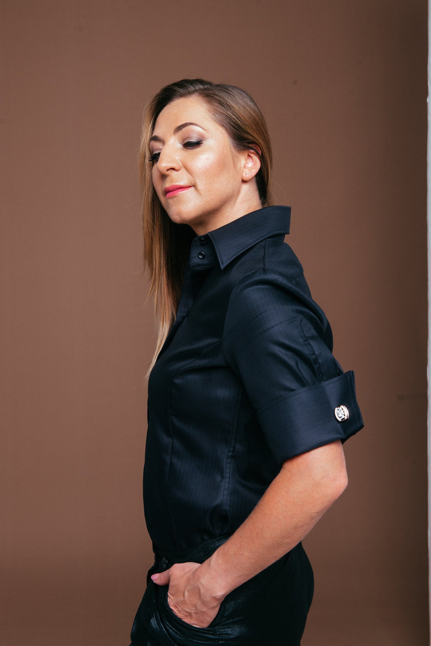 Black Herringbone French Cuff Blouse: 100% Cotton Slim Fit
