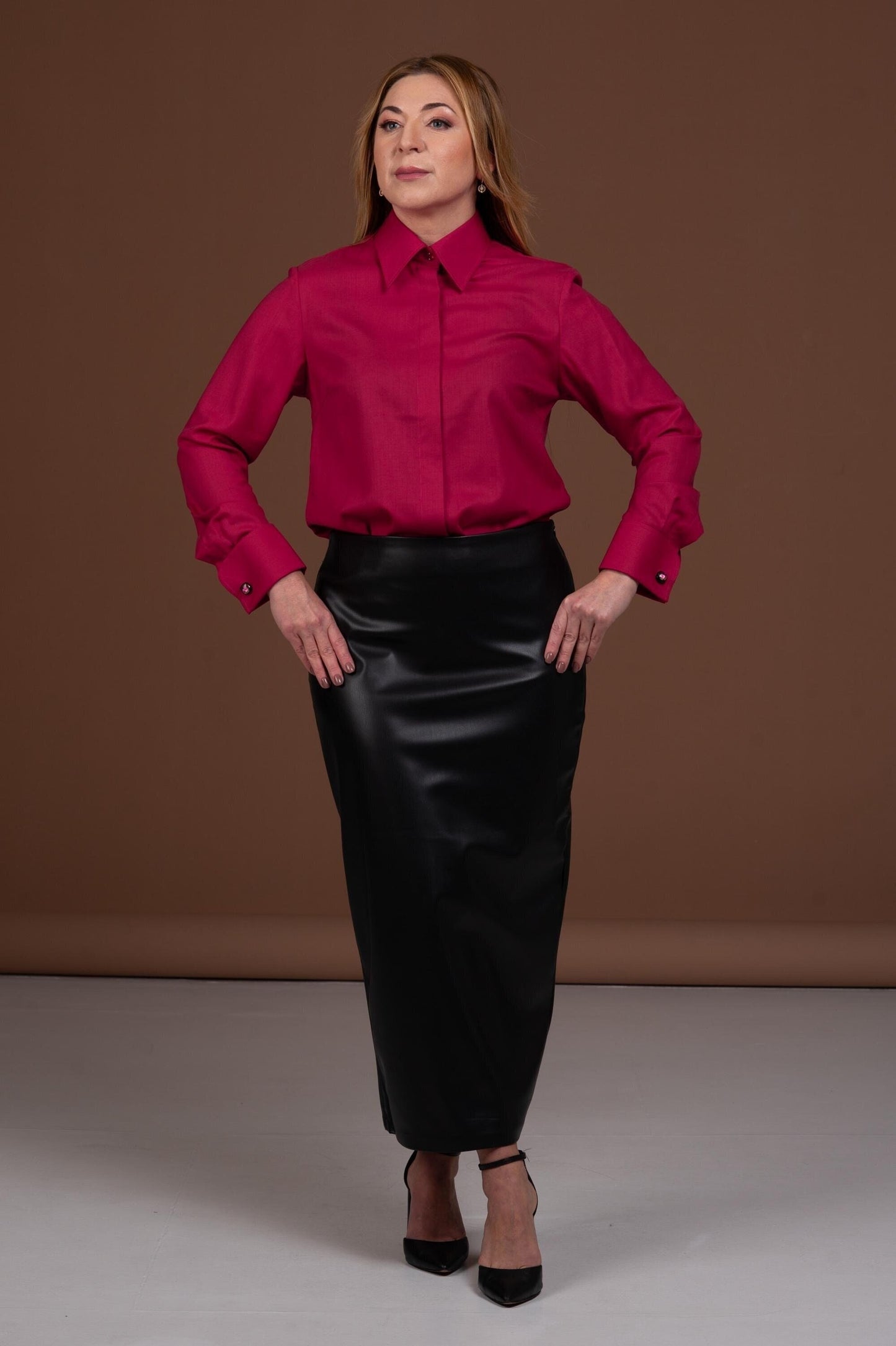 Red Merino Wool Shirt: Elegant French Cuff Button-Down Blouse