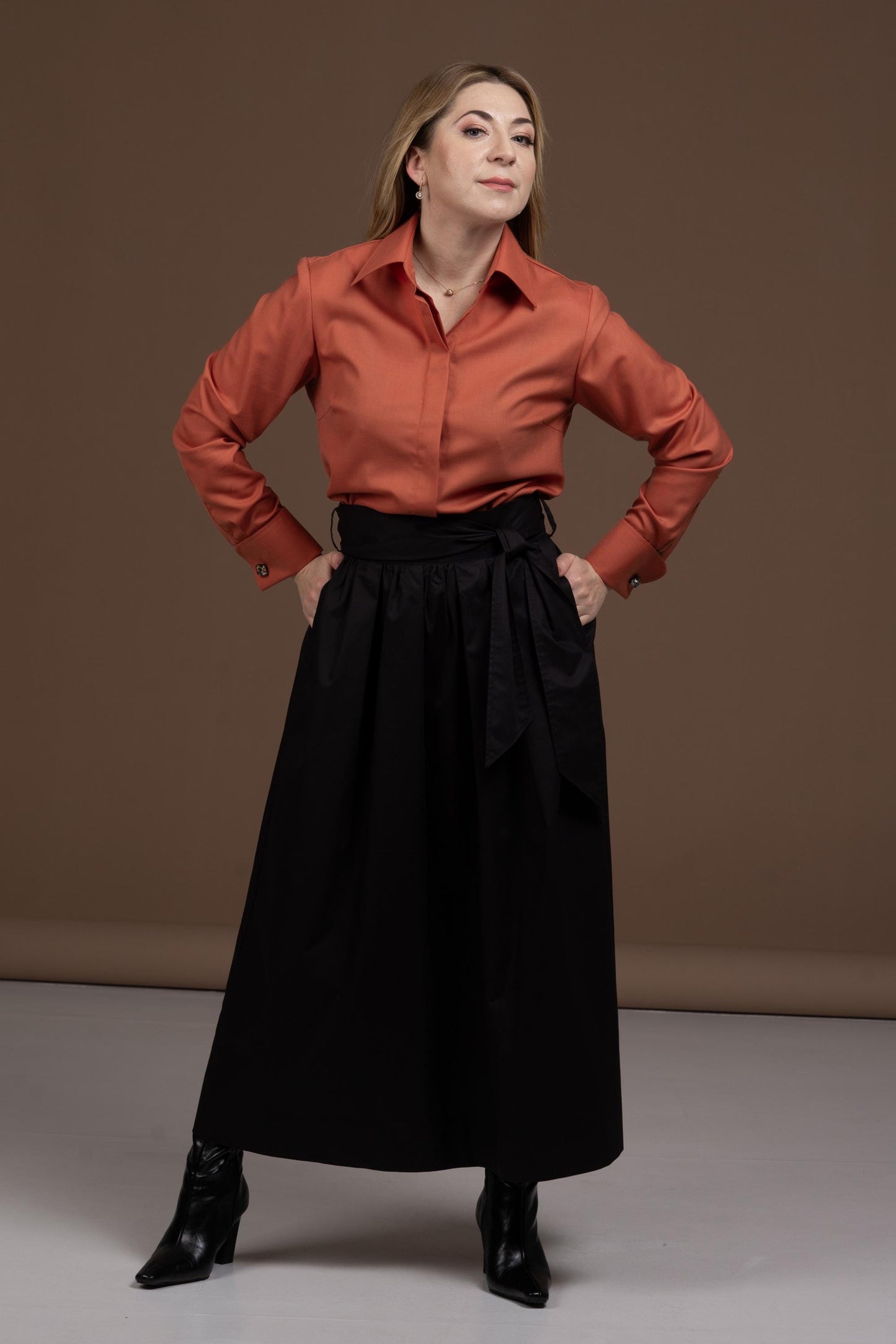Merino Wool Shirt: Brick Orange French Cuff Button-Up Blouse