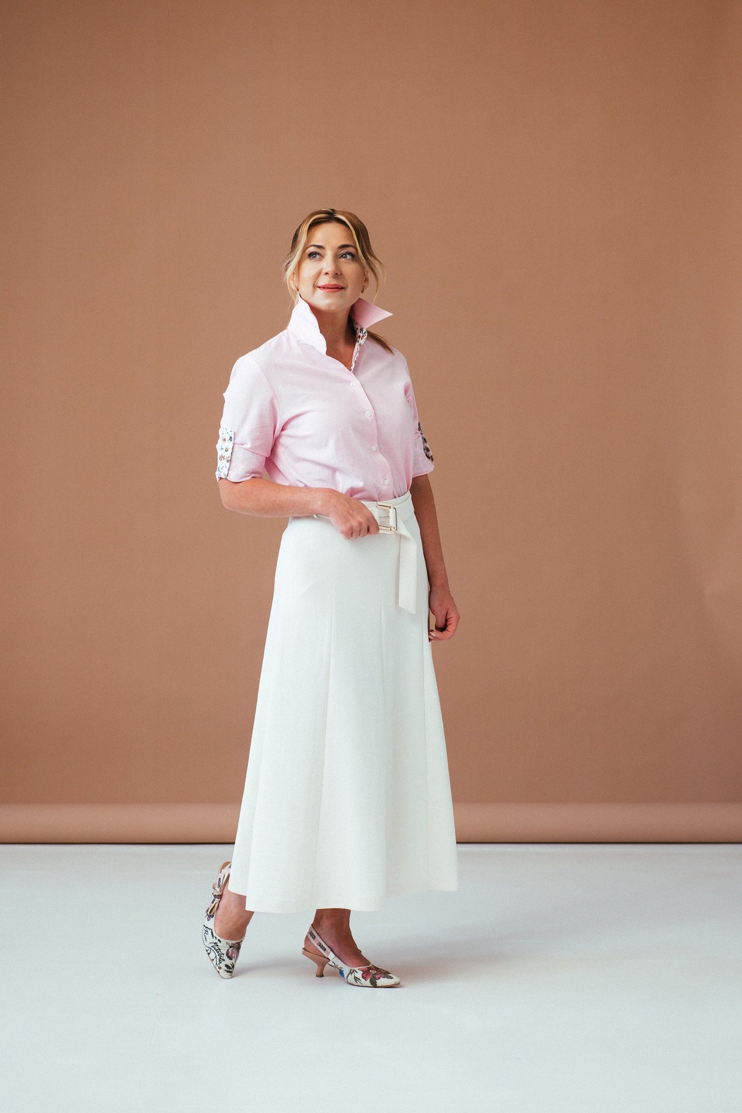 Pink Linen Cotton Shirt: Floral Accents, Long Sleeve Button Up