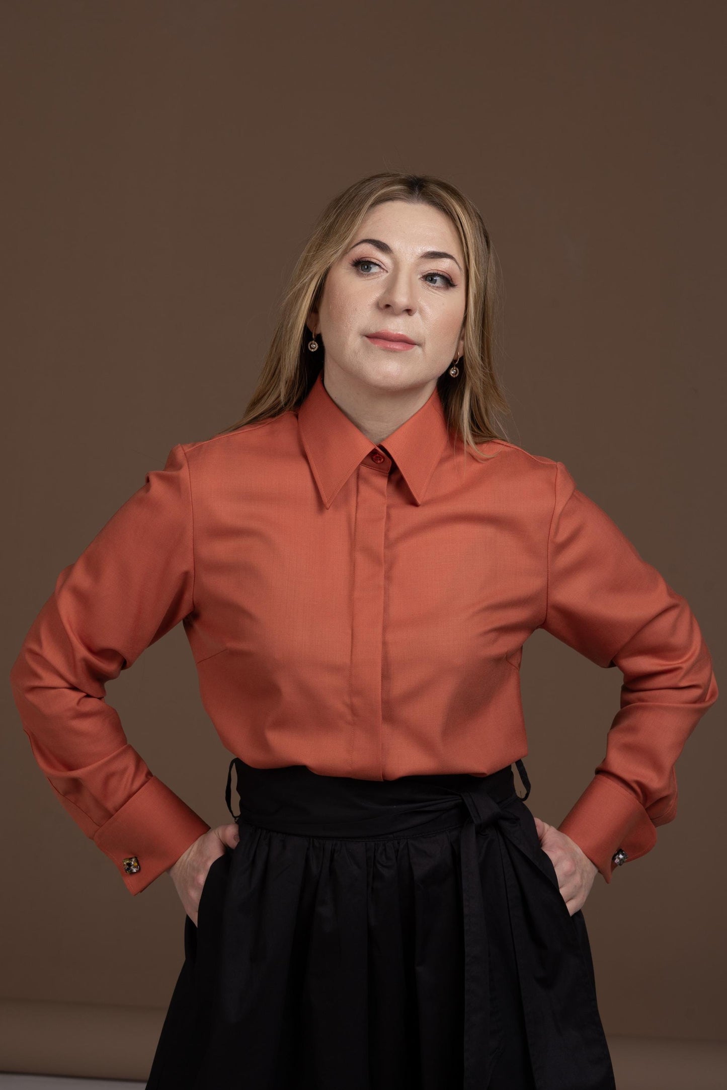 Merino Wool Shirt: Brick Orange French Cuff Button-Up Blouse