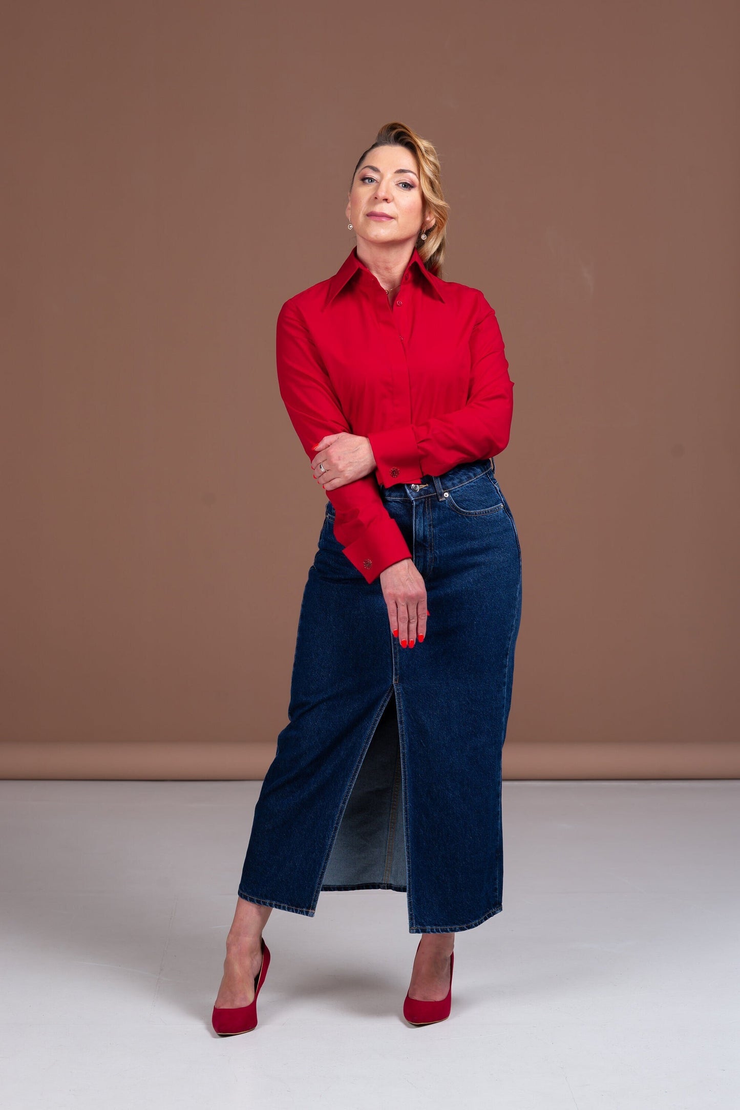 Red Cotton French Cuff Blouse: High Collar Button-Down Shirt