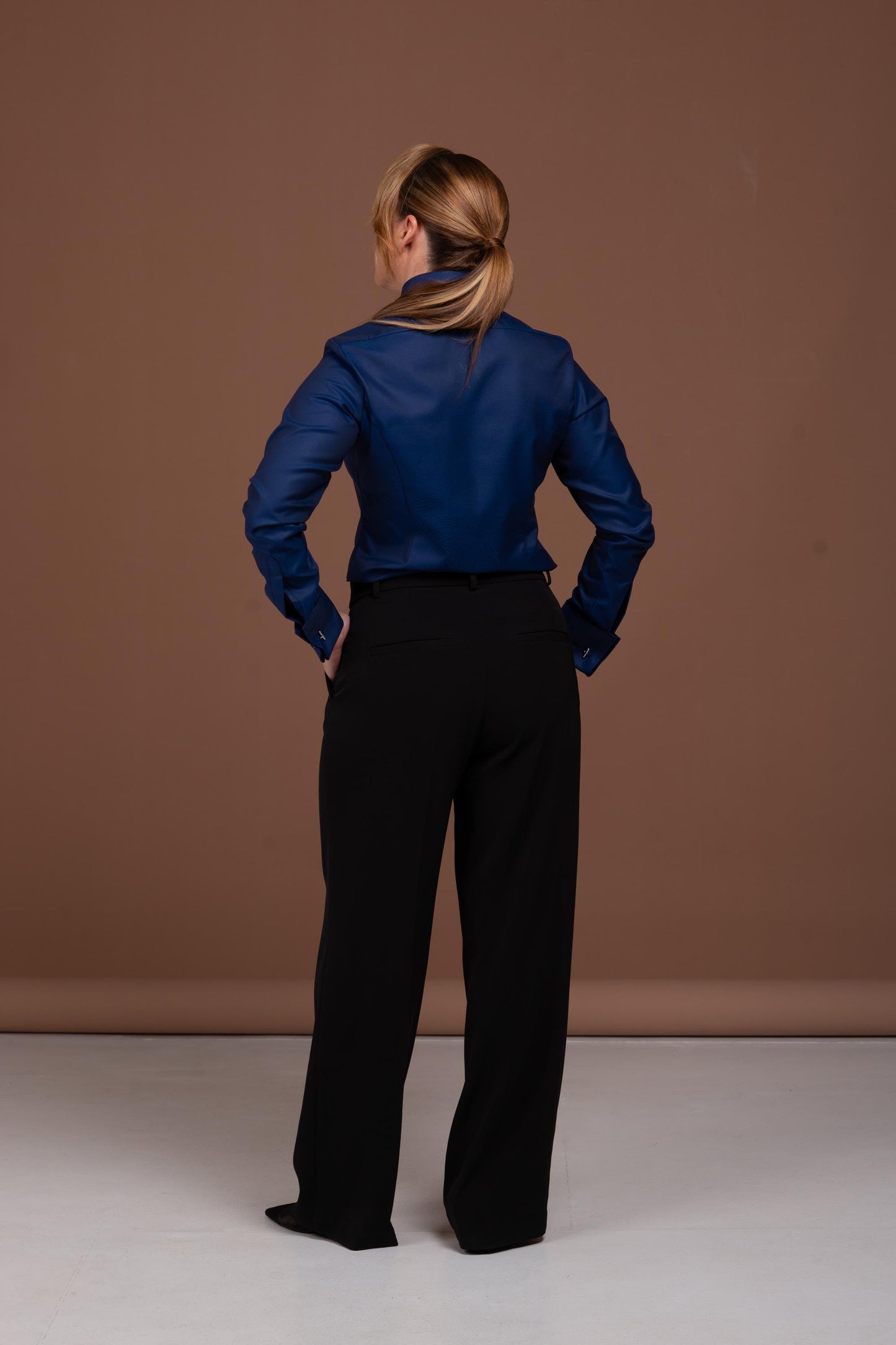 Navy Blue French Cuff Shirt: Fitted Easy Care Cotton Blouse