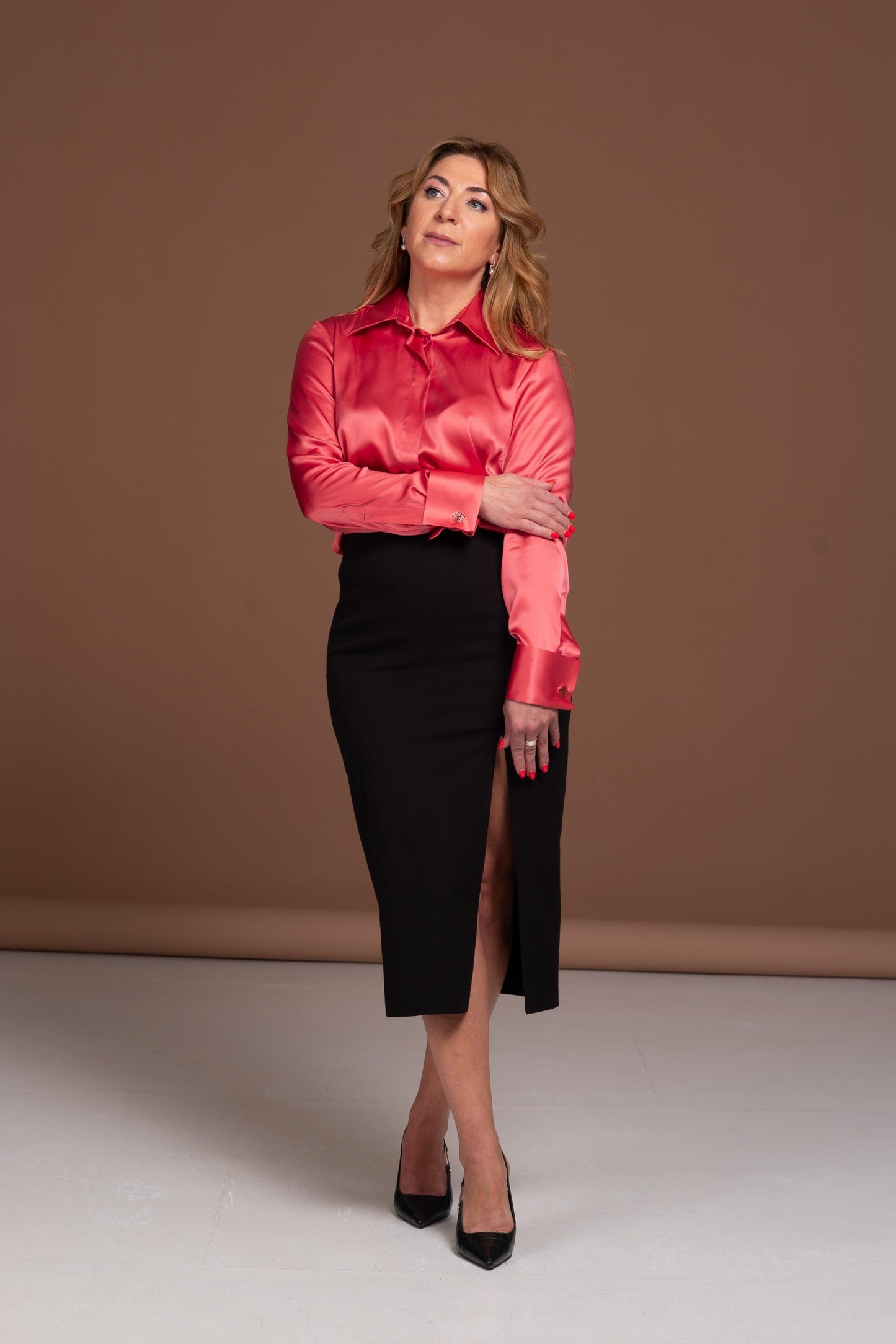 Mulberry Silk Blouse: Coral Red French Cuff Button-Down Shirt