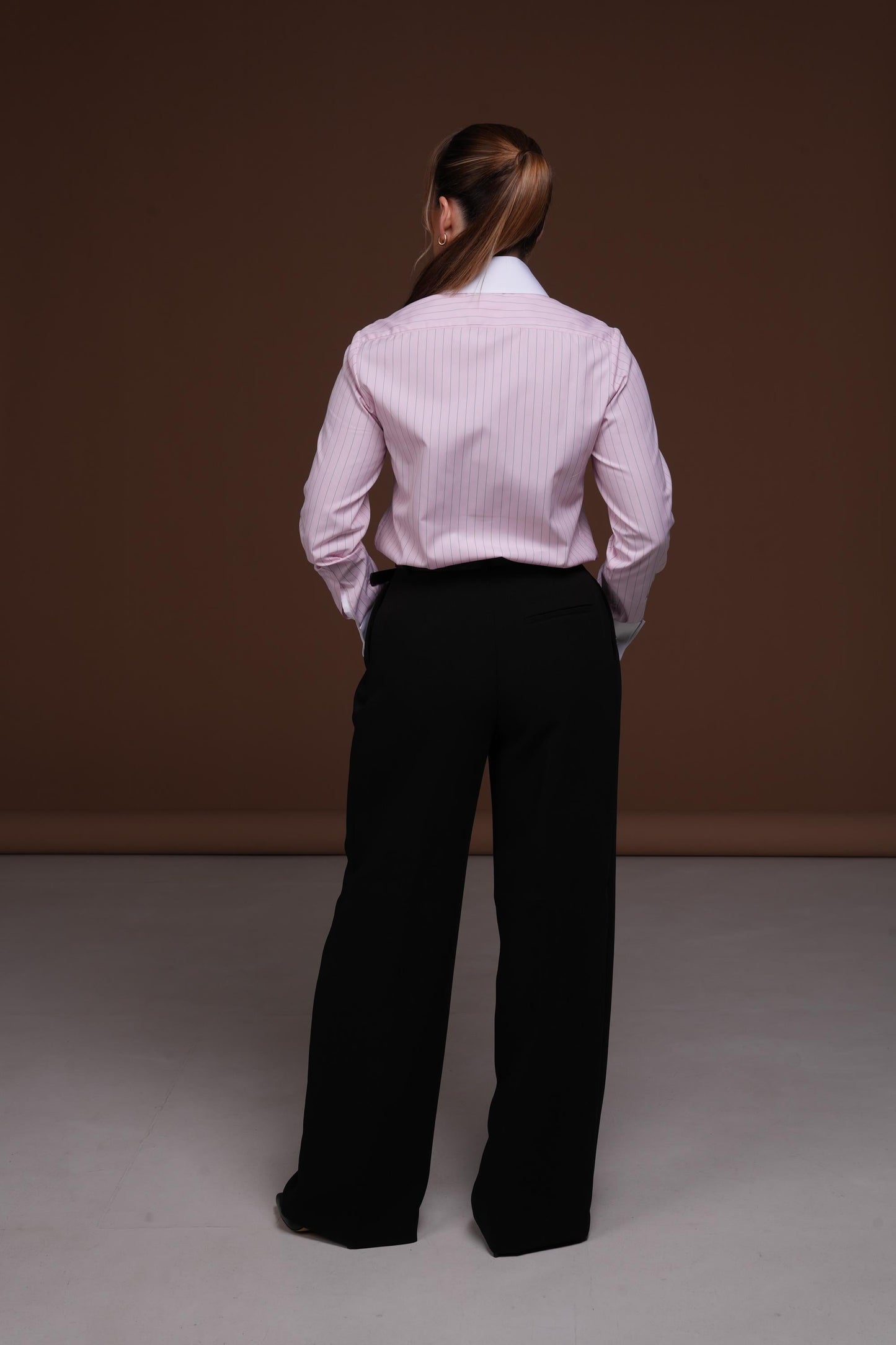 Pink Striped Blouse Shirt with White High Collar and French Cuffs for Cuff Links