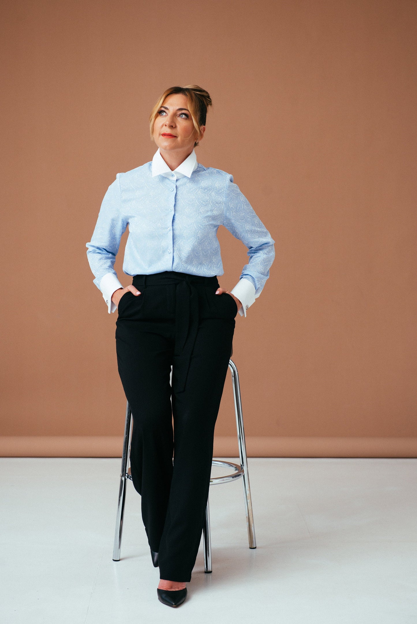 Light Blue Paisley Blouse: Cotton French Cuff Button-Down Shirt