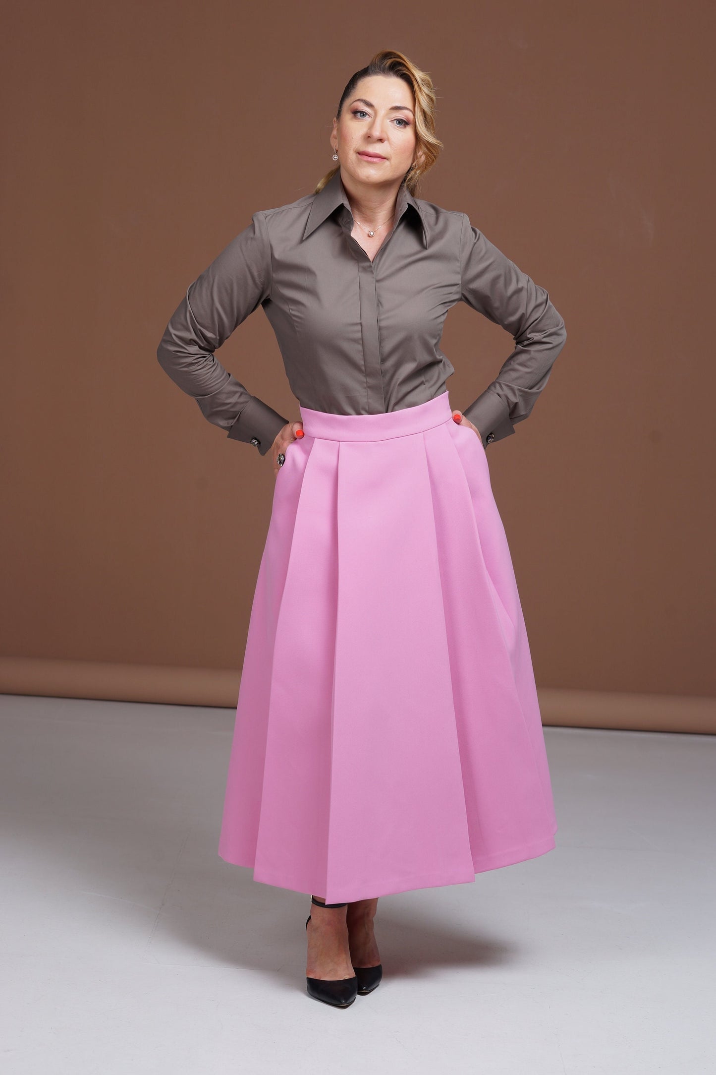 Brown Cotton French Cuff Blouse: High Collar Slim Fit Shirt