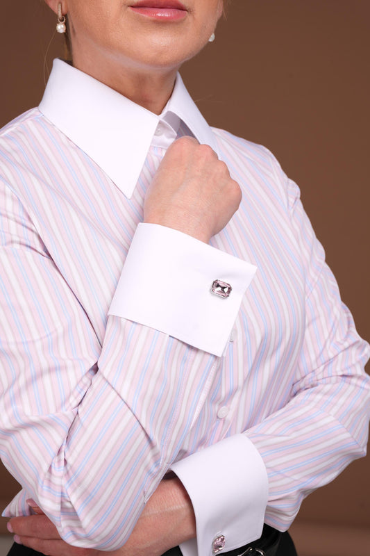 Handmade Fitted Cotton French Cuff Shirt: Pink & Blue Stripe