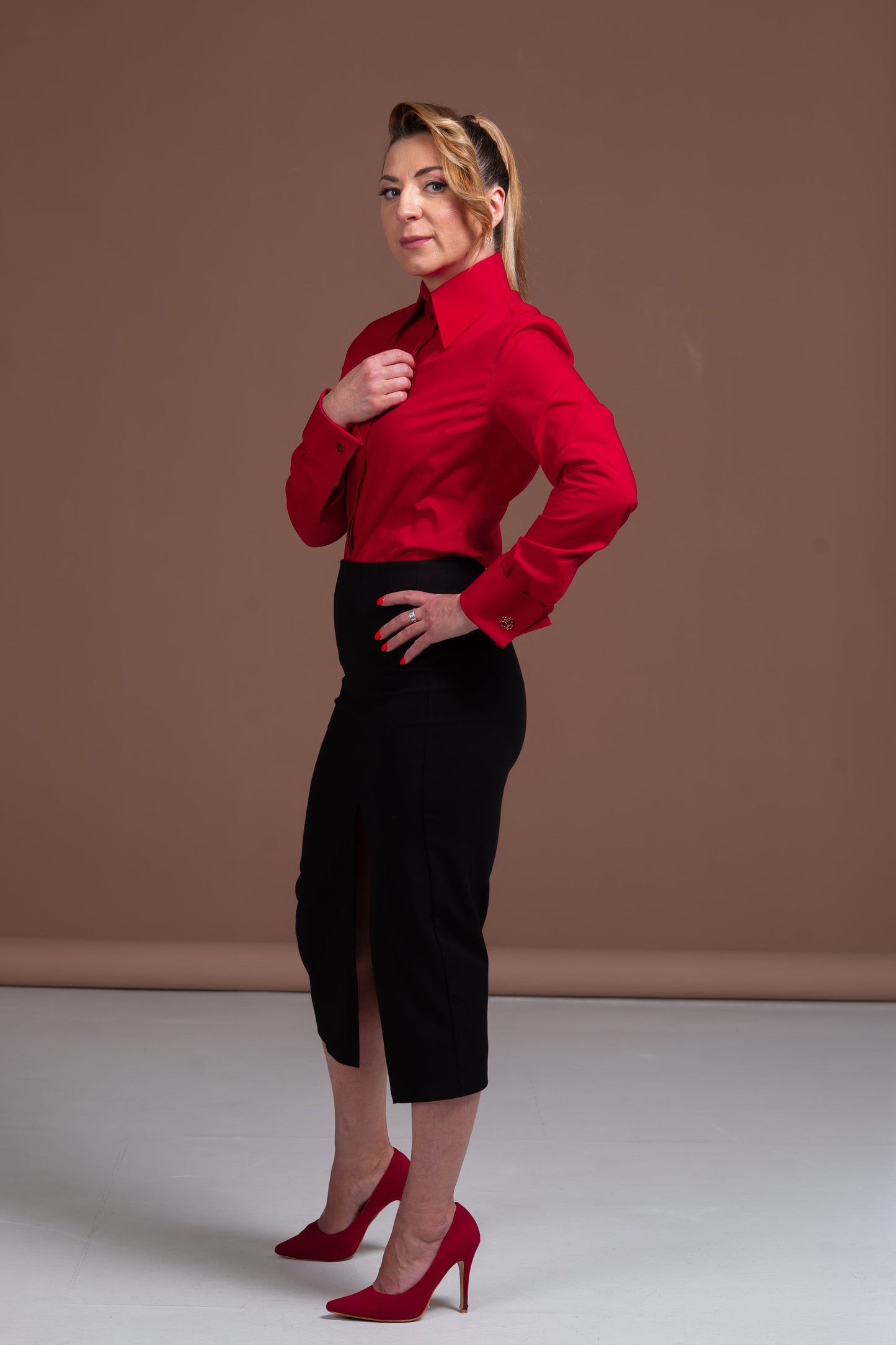 Red Cotton French Cuff Blouse: High Collar Button-Down Shirt