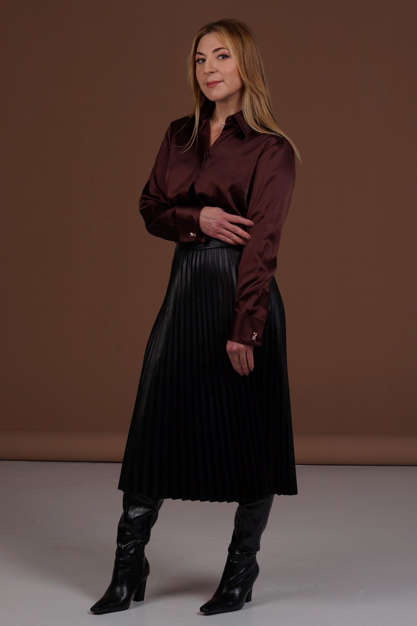Mulberry Silk Blouse: Brown French Cuff Button-Down Shirt