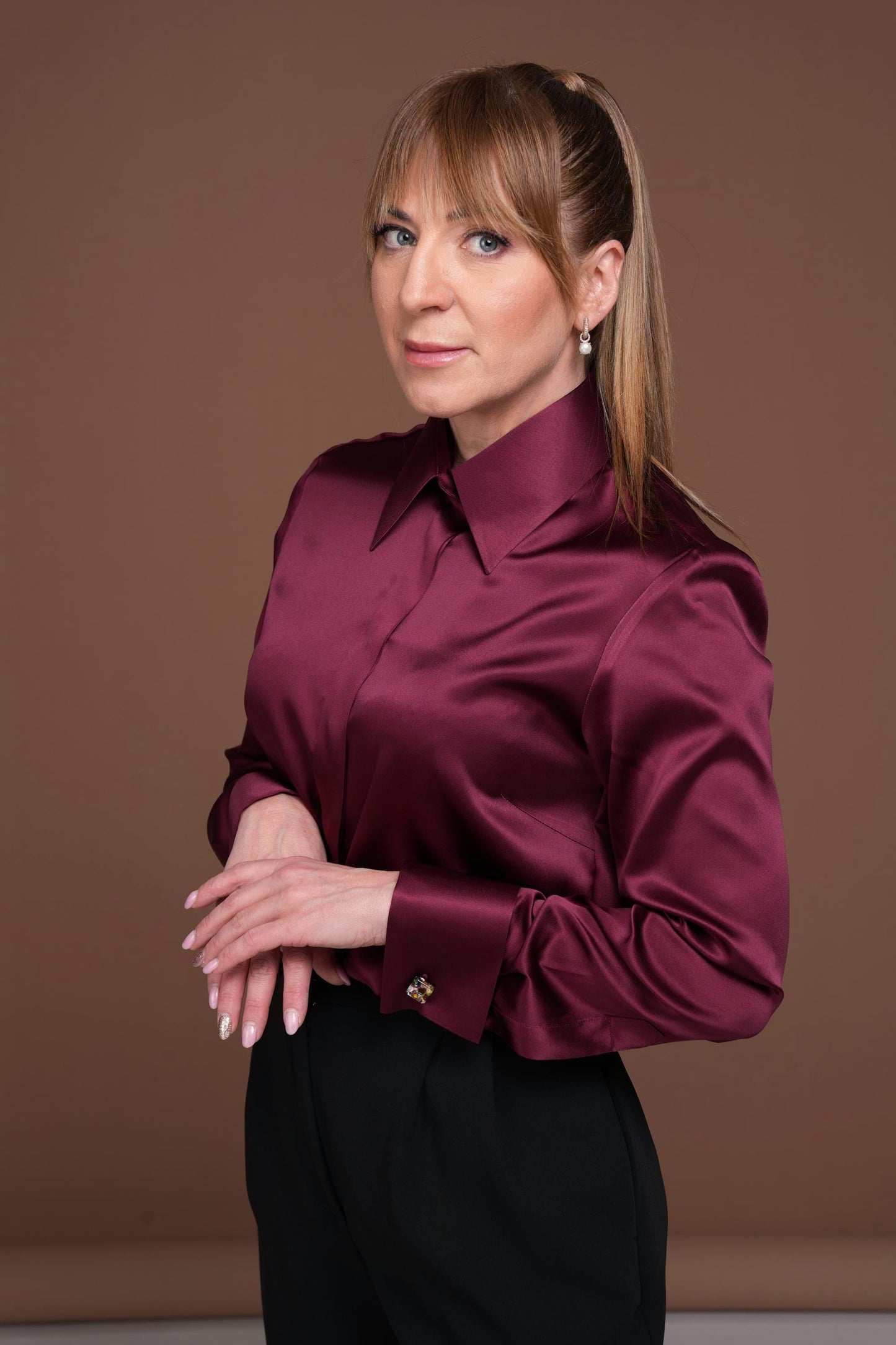 Burgundy Silk Blouse: Satin Shirt with French Cuffs
