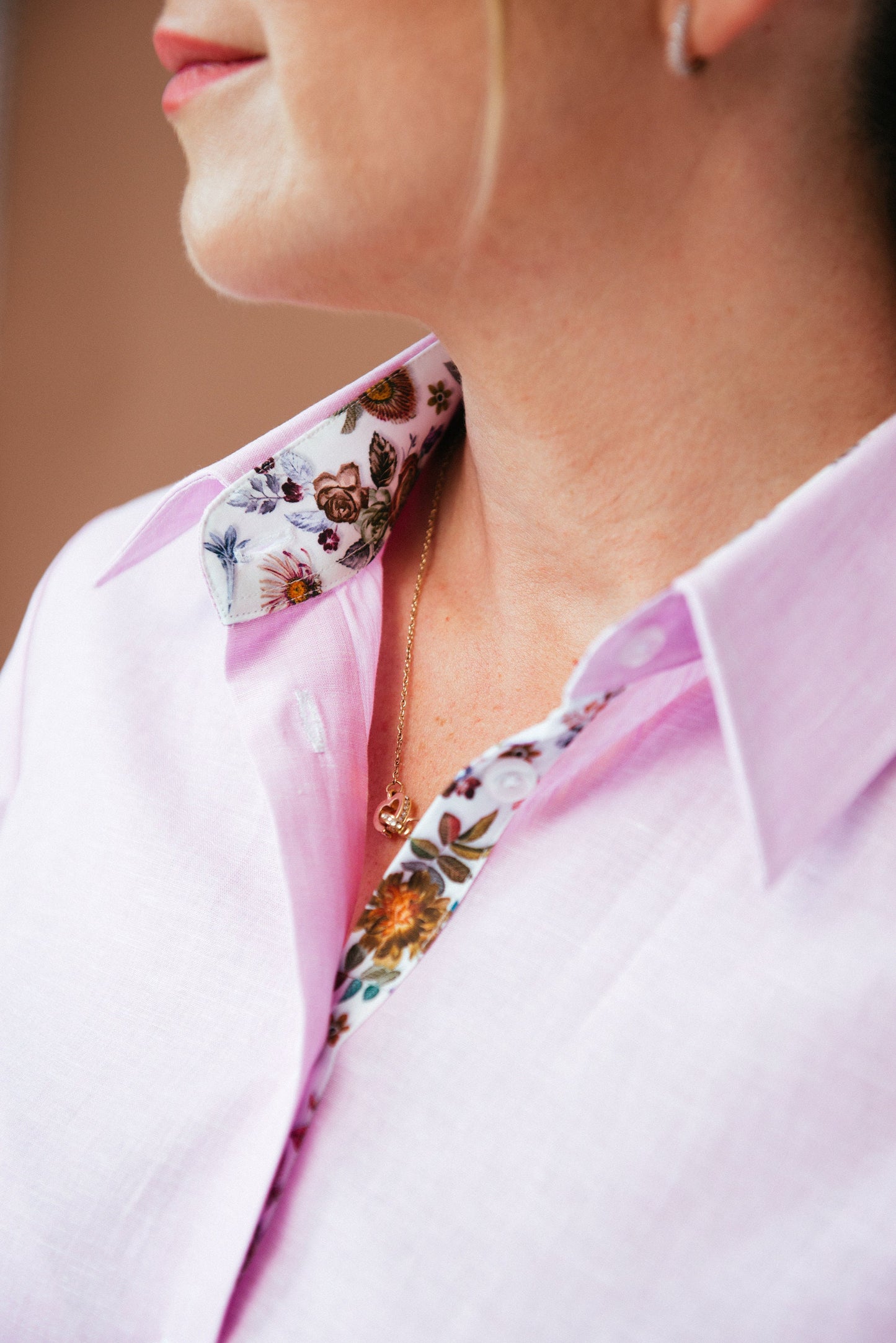 Pink Linen Cotton Button-Down Shirt: Floral Accents, Summer Style