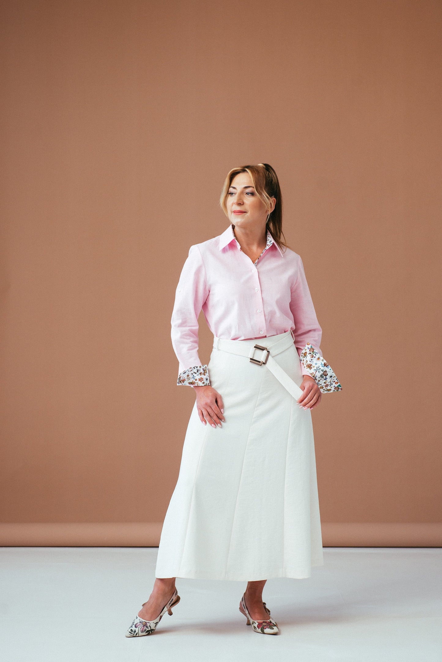 Pink Linen Cotton Shirt: Floral Accents, Long Sleeve Button Up