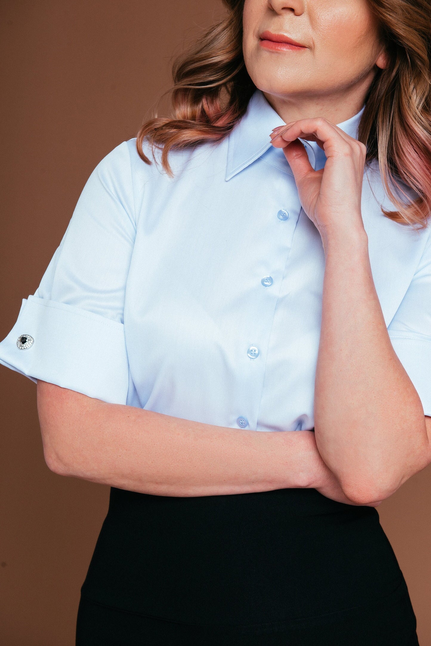 Non-Iron Blue Cotton Blouse: French Cuff Short Sleeve Shirt