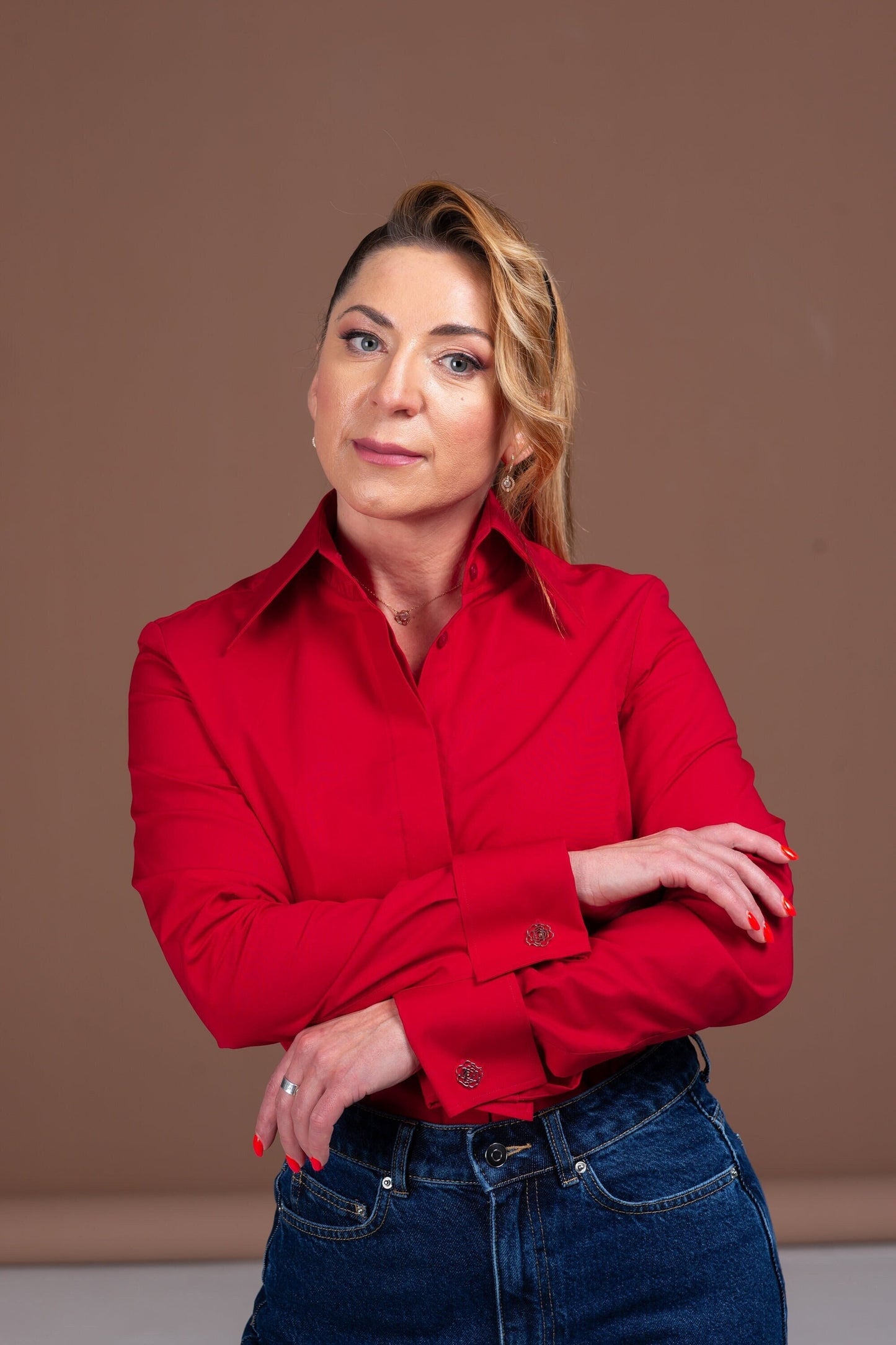 Red Cotton French Cuff Blouse: High Collar Button-Down Shirt