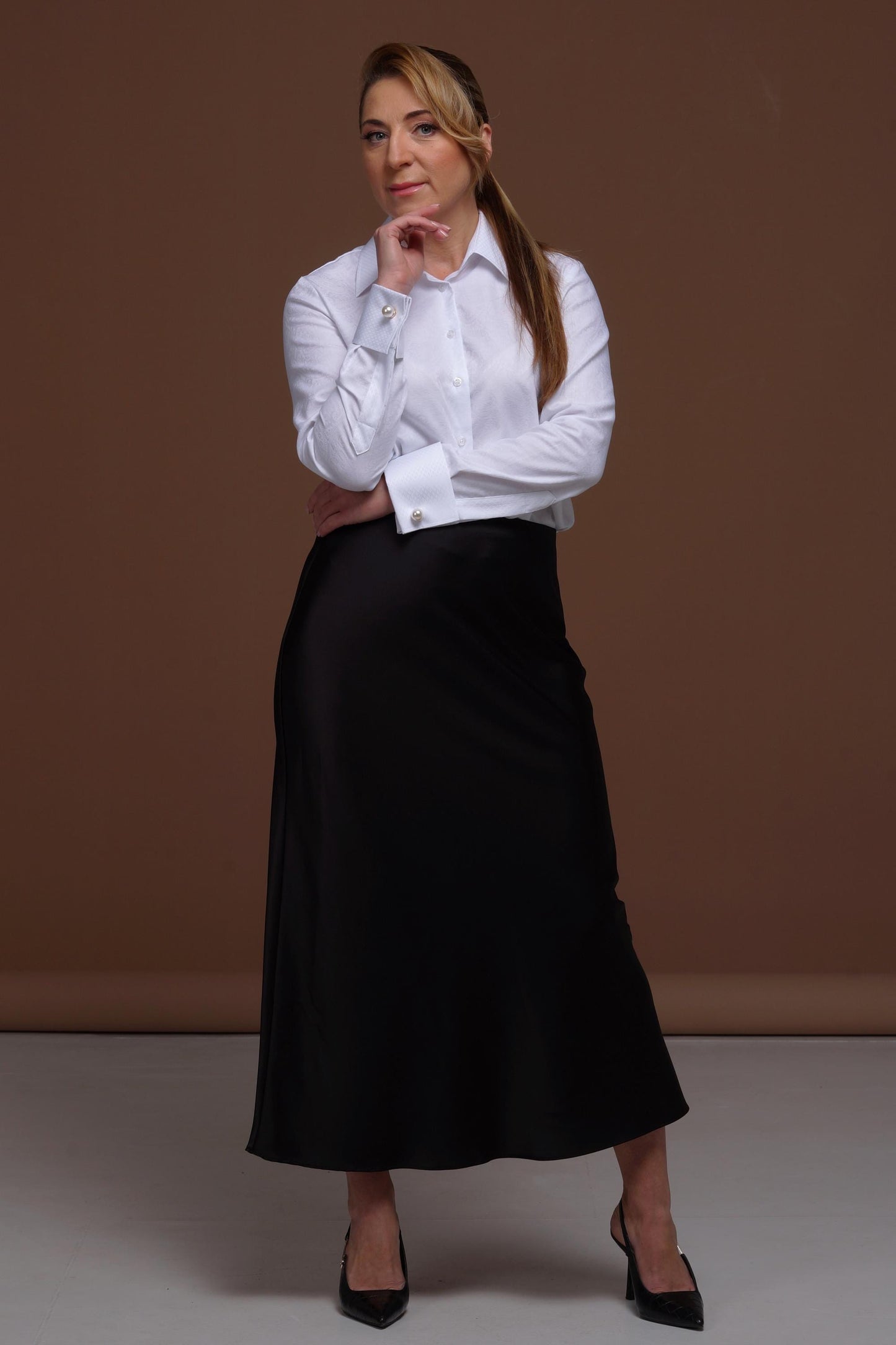 Elegant White Cotton Blouse: French Cuff Paisley Shirt
