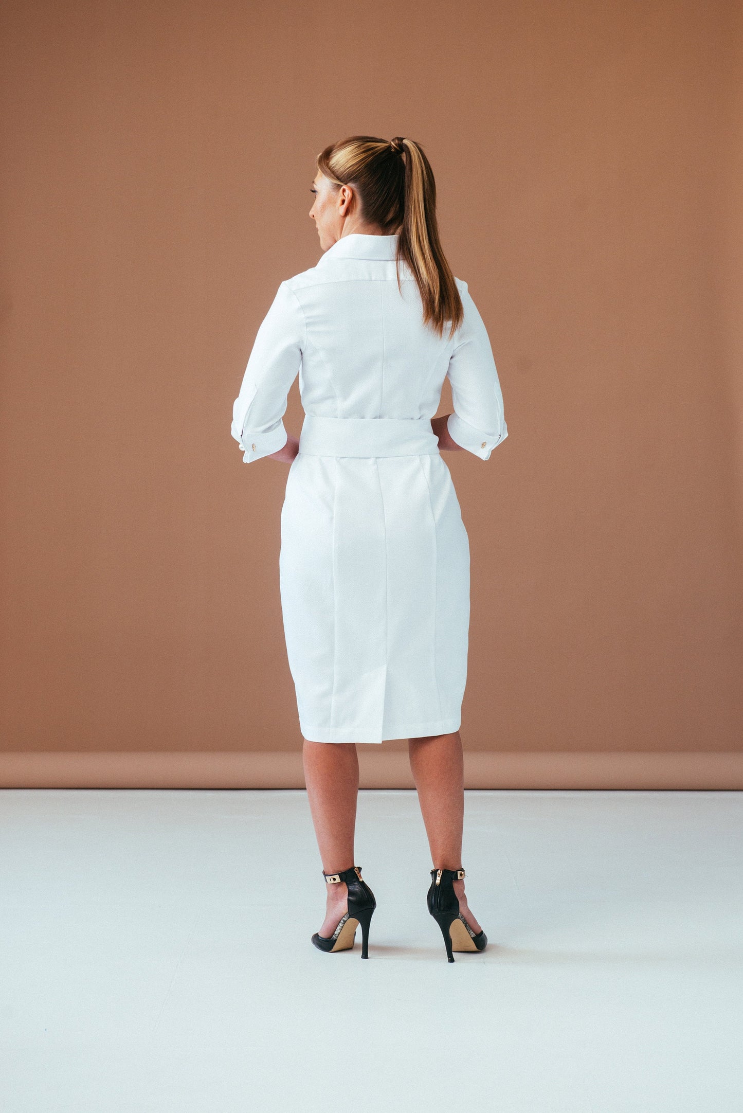 White Cotton Shirt Dress with Belt: Elegant Summer Midi Dress
