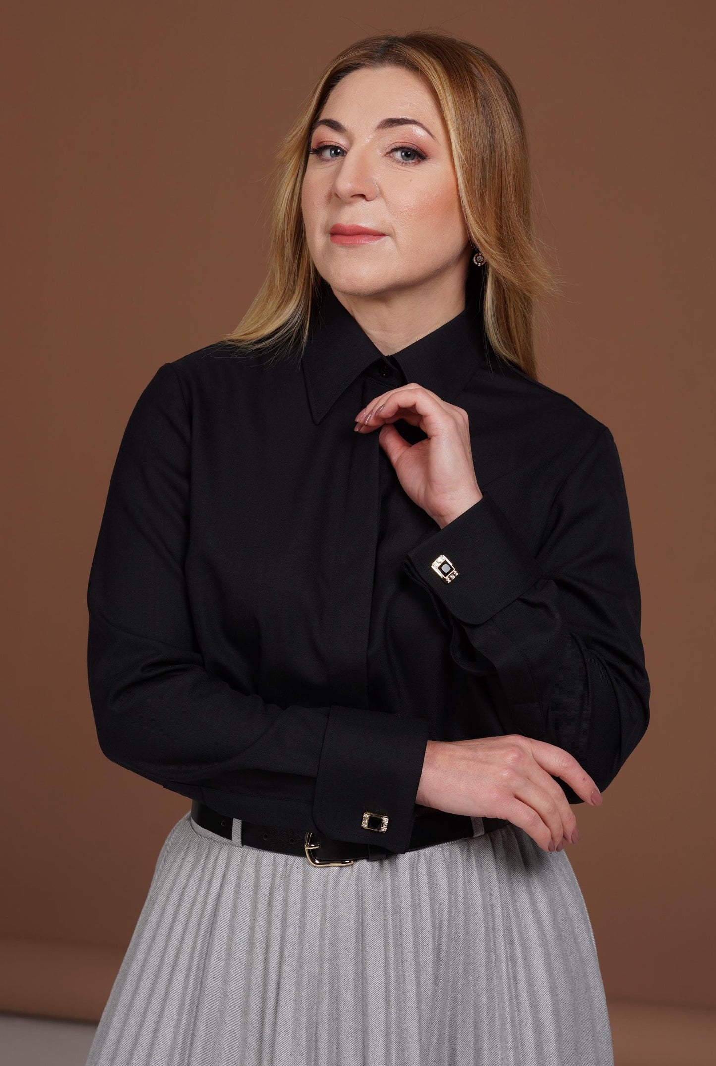 Merino Wool French Cuff Blouse: Elegant Black Button-Up Office Shirt