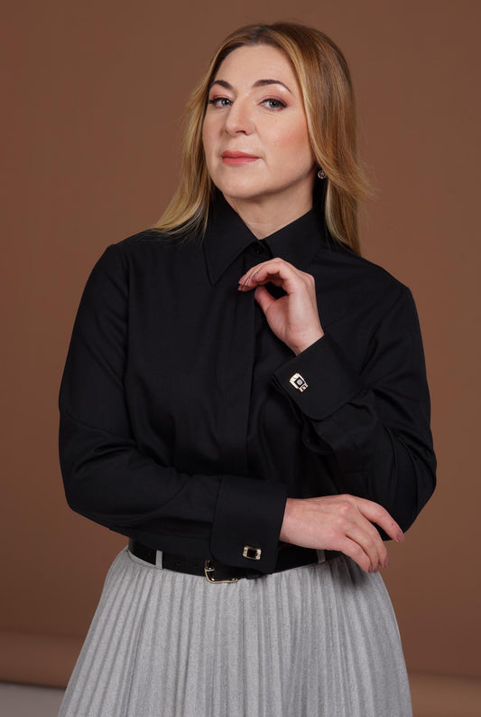 Merino Wool French Cuff Blouse: Elegant Black Button-Up Office Shirt