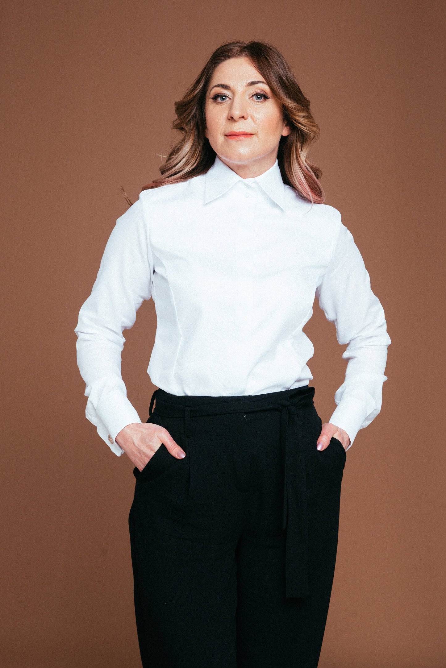 Non-Iron White Oxford Blouse: French Cuff Tuxedo Shirt