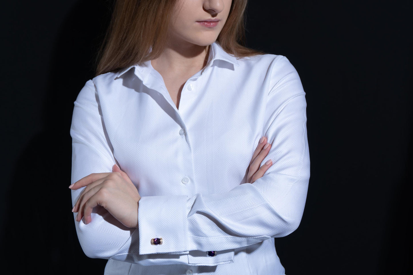 Fitted Herringbone French Cuff Blouse for Cuff Links: White Cotton Business Shirt Button Up