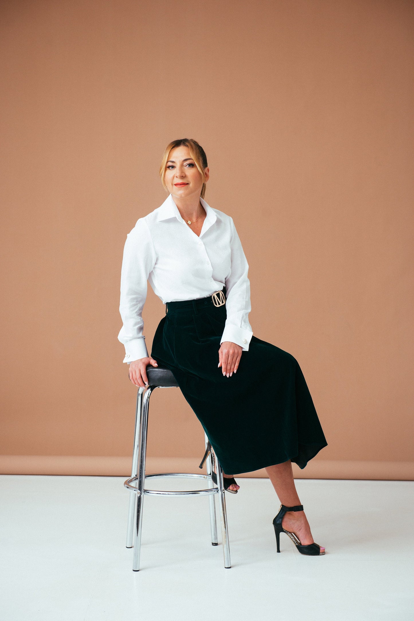 Elegant White Blouse with French Cuffs | Classic Women's Button-Down Shirt, Long Sleeve Paisley Top