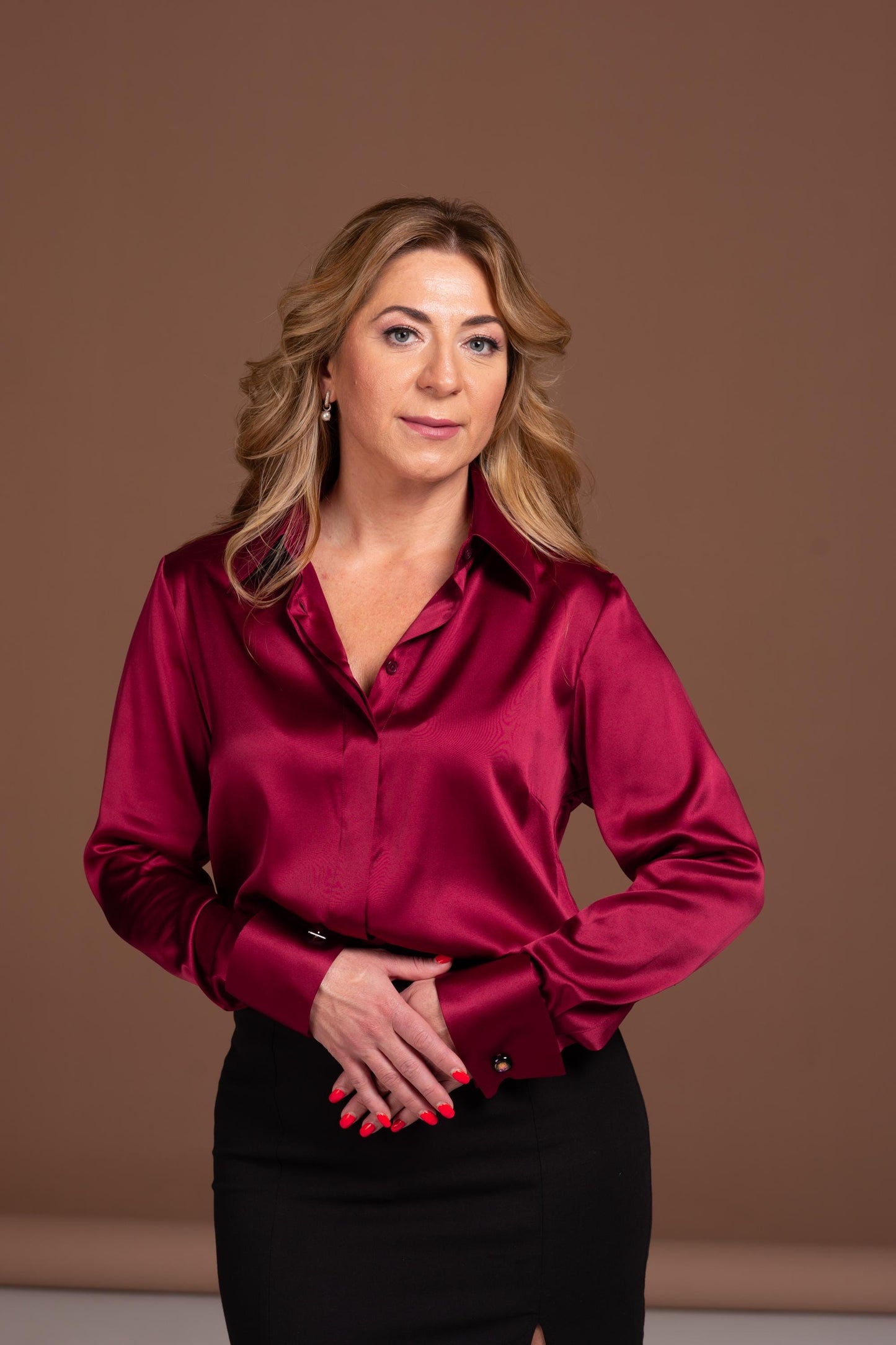 Mulberry Silk Blouse: Dark Red French Cuff Long Sleeve Shirt