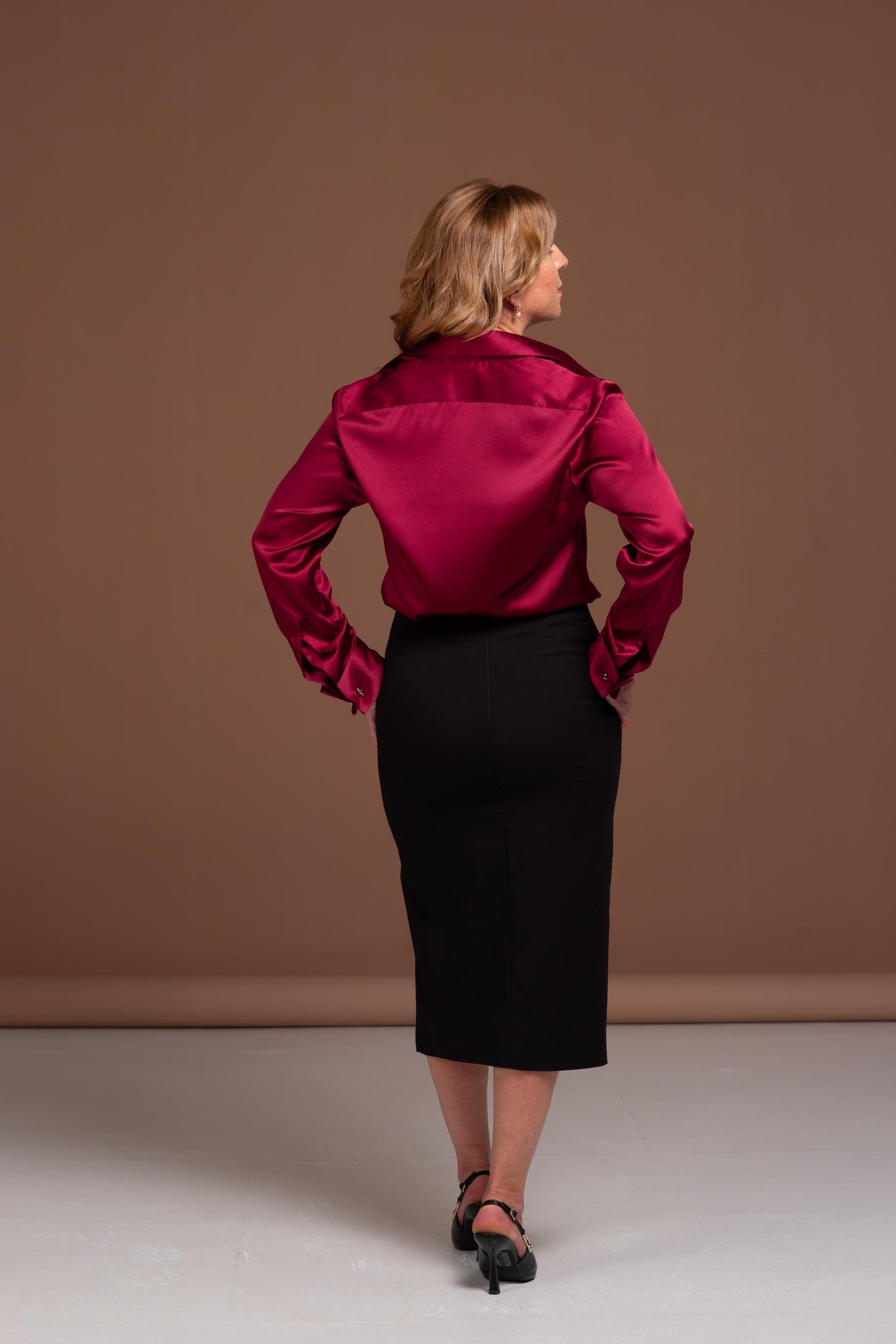 Mulberry Silk Blouse: Dark Red French Cuff Long Sleeve Shirt