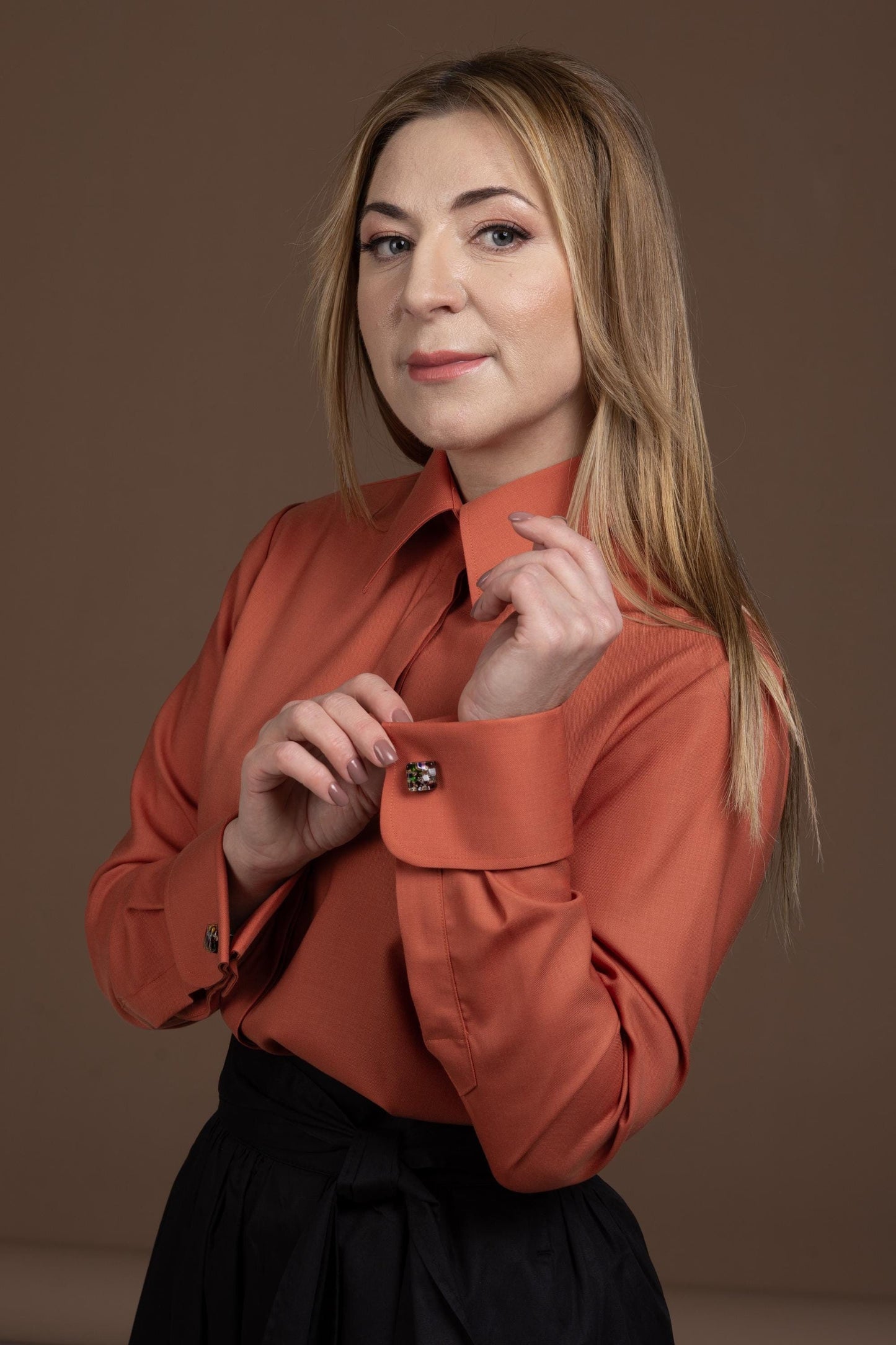 Merino Wool Shirt: Brick Orange French Cuff Button-Up Blouse
