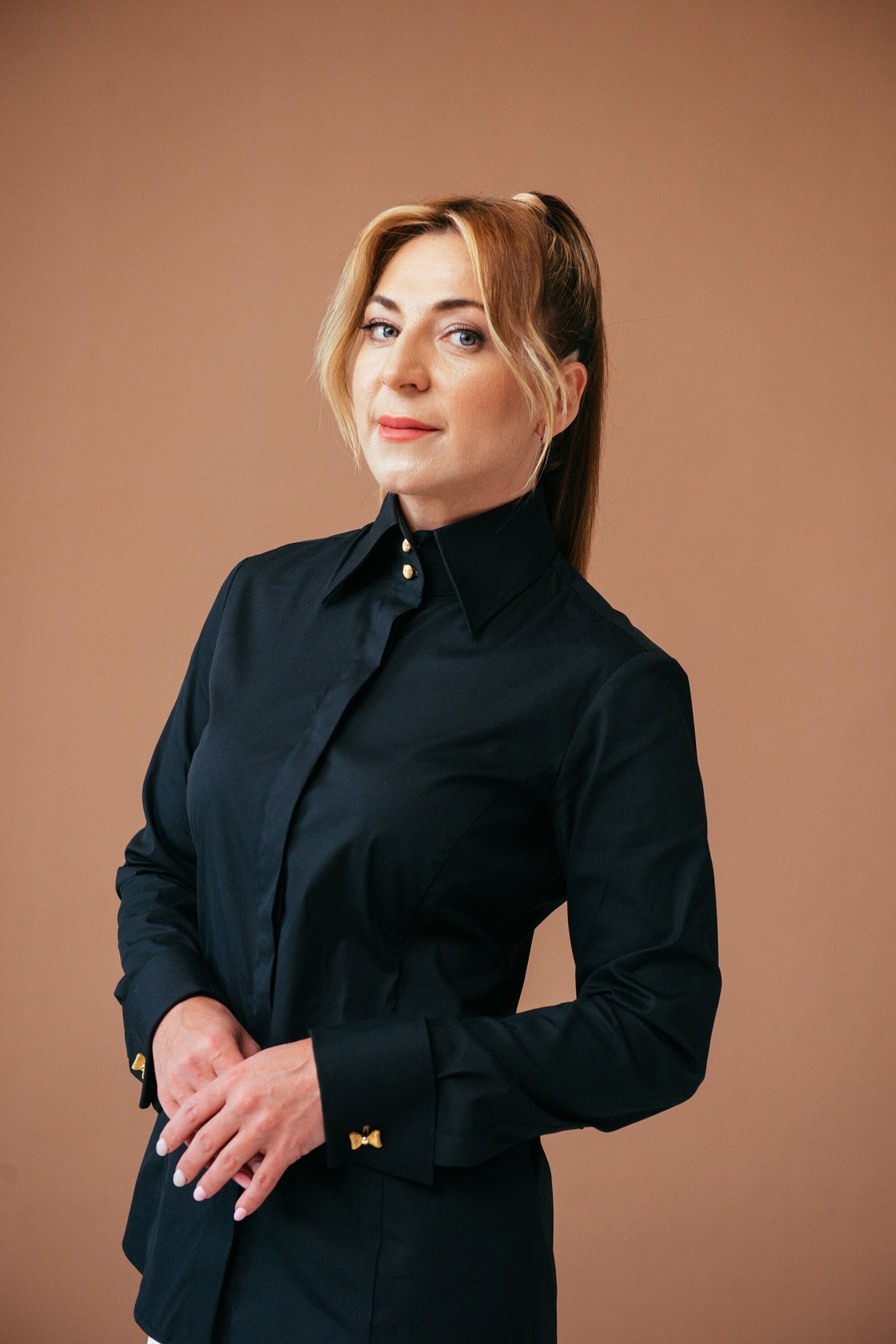 Black French Cuff Blouse: Slim Fit High Collar Cotton Shirt
