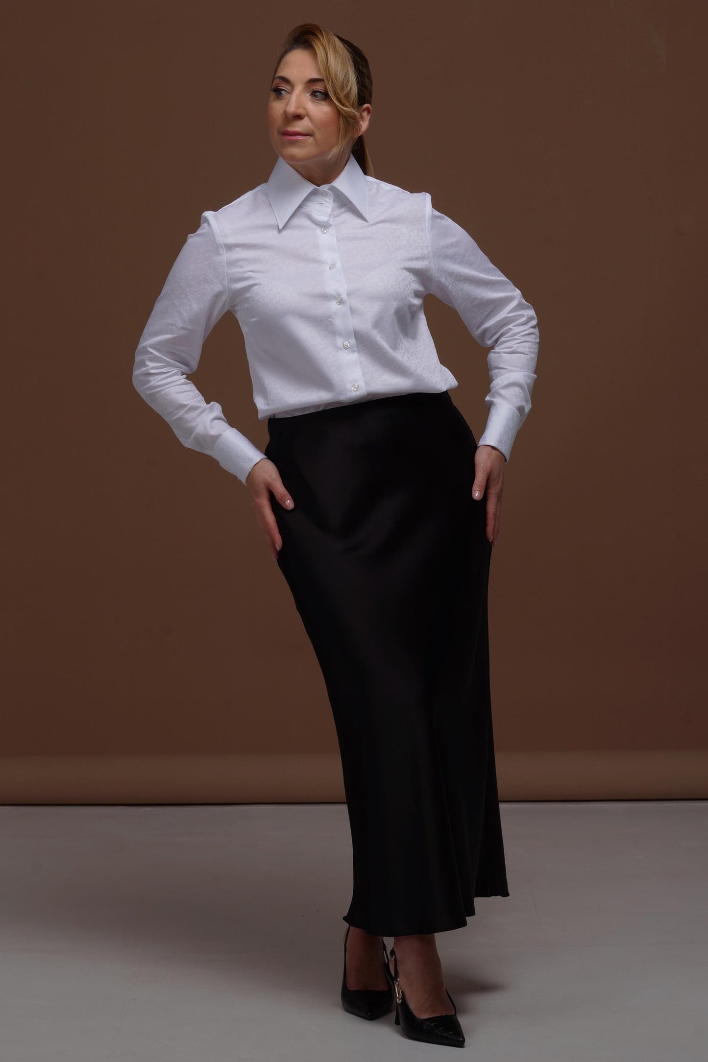 Floral Texture French Cuff Blouse: High Collar 100% Cotton Shirt for Women