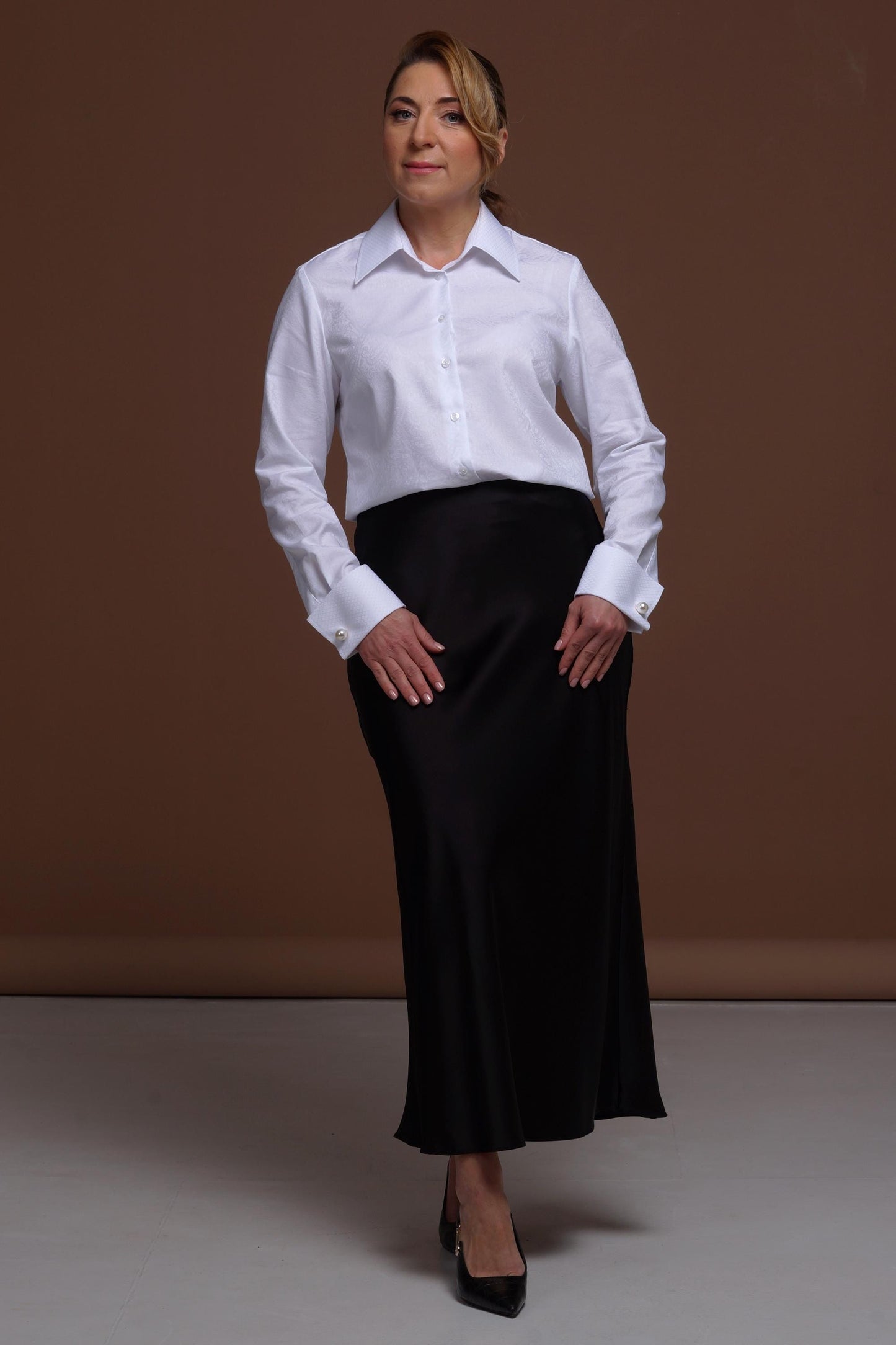 Elegant White Cotton Blouse: French Cuff Paisley Shirt