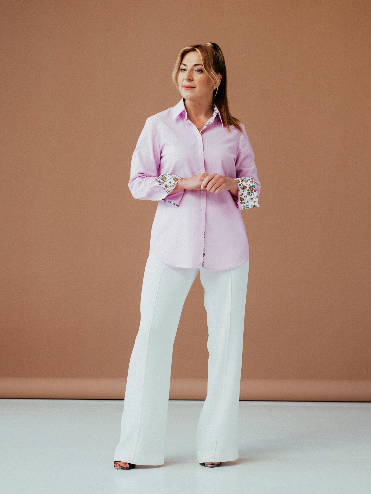 Pink Linen Cotton Button-Down Shirt: Floral Accents, Summer Style