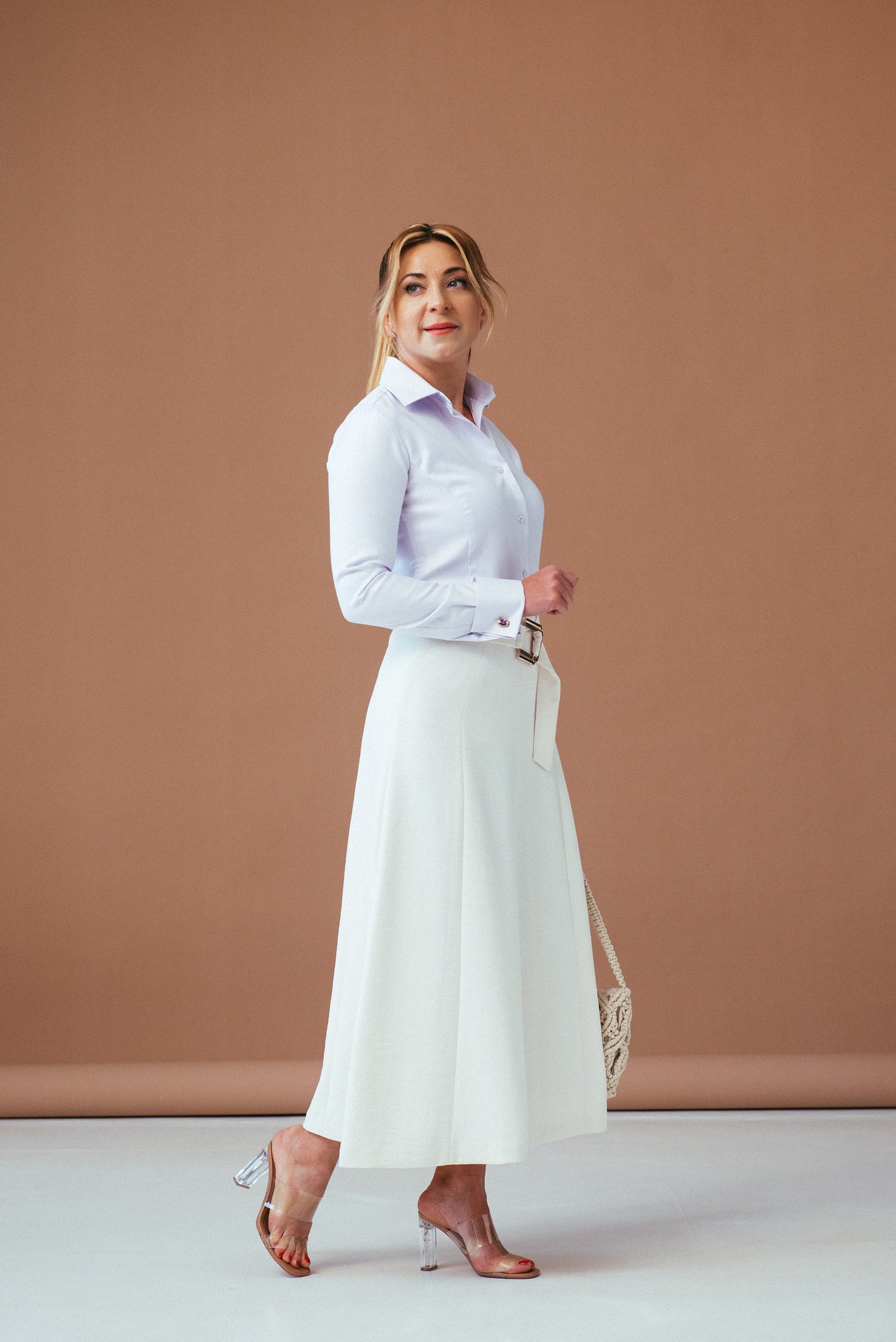 Purple Herringbone French Cuff Shirt: Elegant Cotton Business Blouse