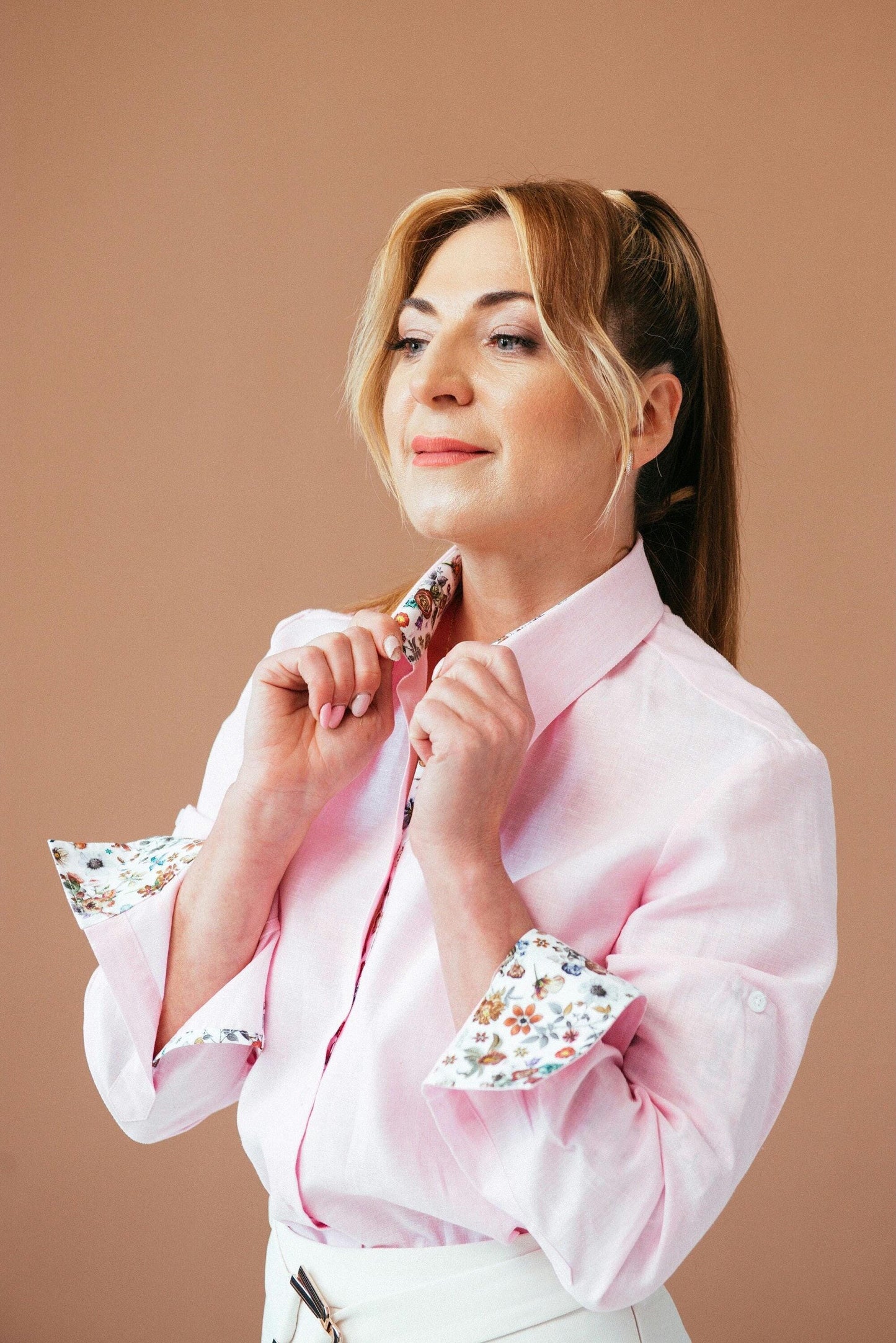 Pink Linen Cotton Shirt: Floral Accents, Long Sleeve Button Up