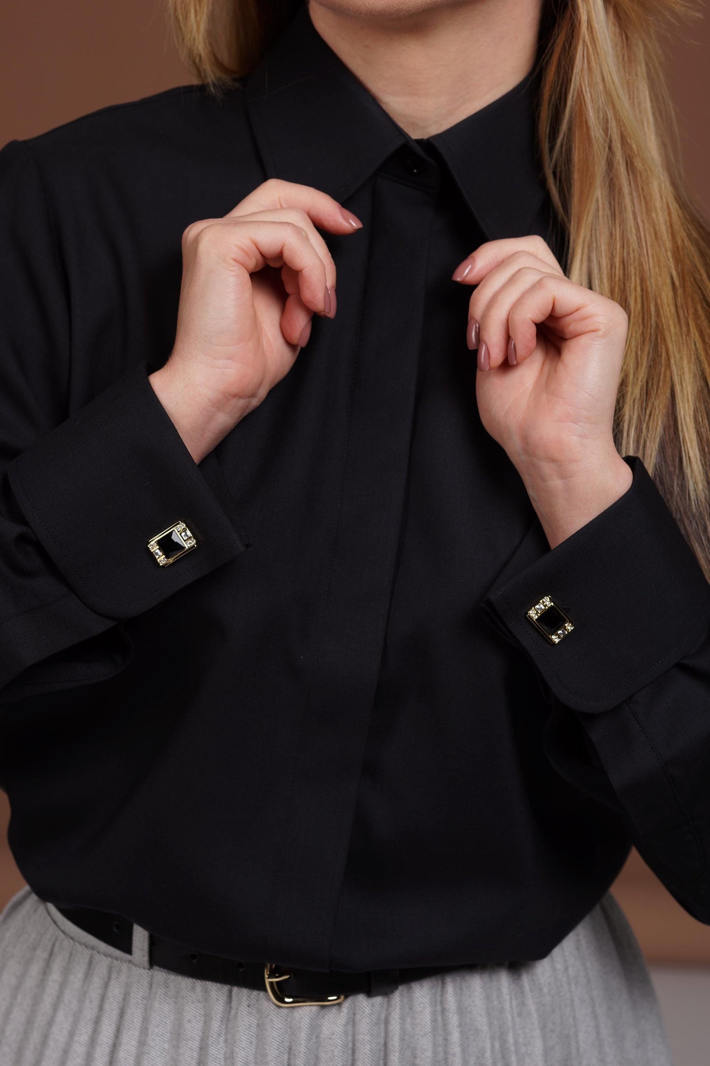 Merino Wool French Cuff Blouse: Elegant Black Button-Up Office Shirt