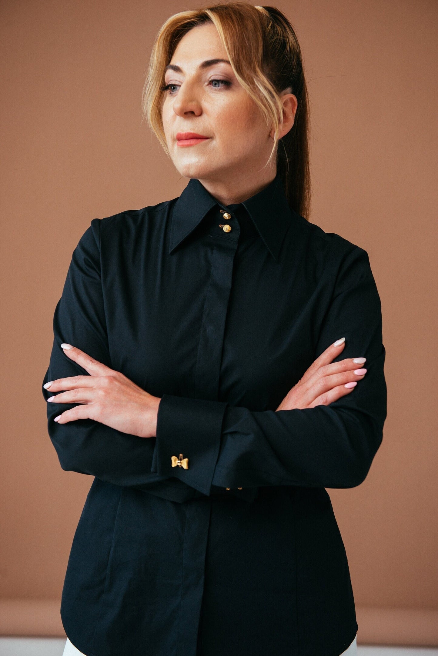 Black French Cuff Blouse: Slim Fit High Collar Cotton Shirt