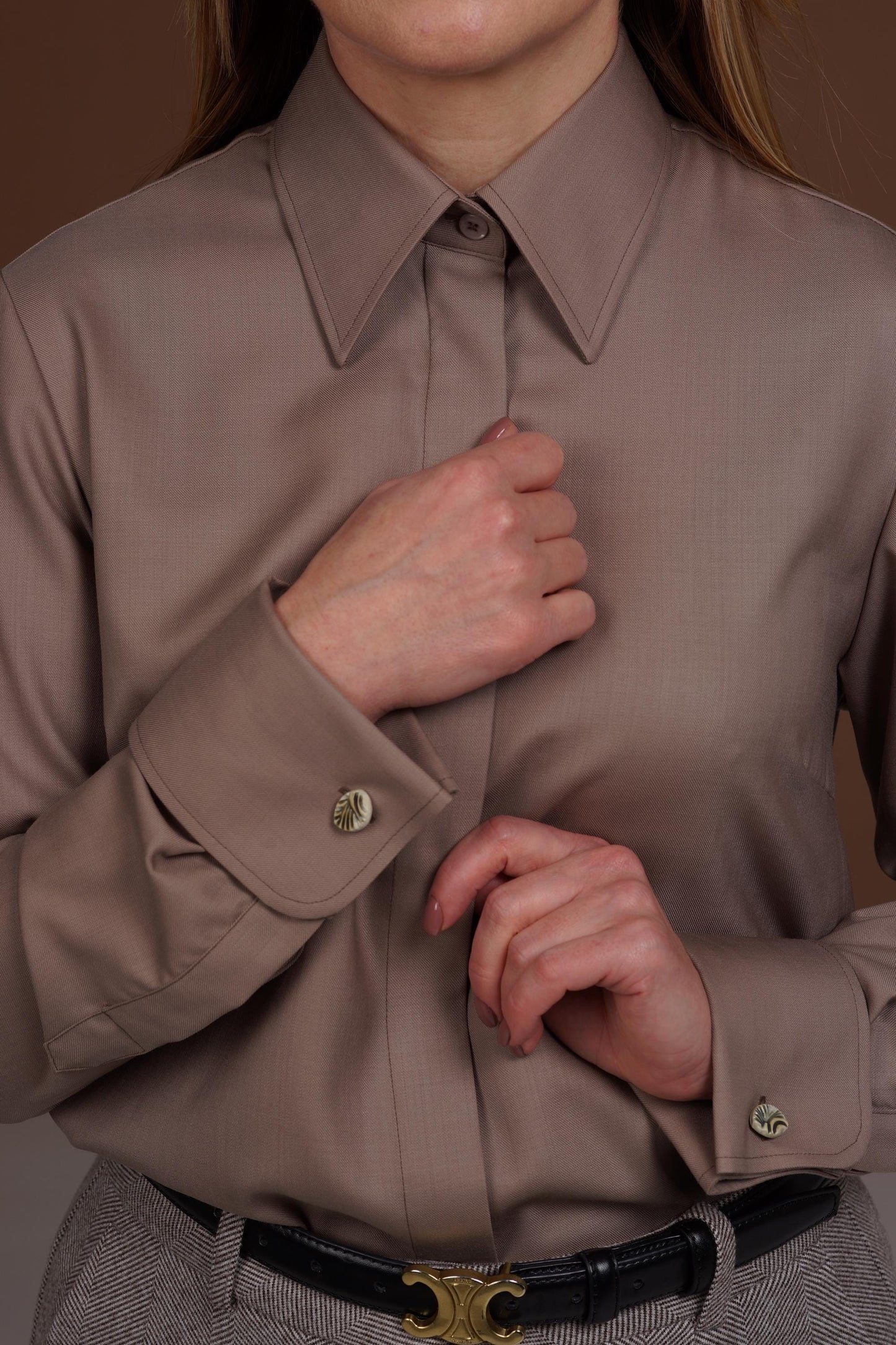 Luxury Merino Wool Shirt: Mocha Brown French Cuff Blouse