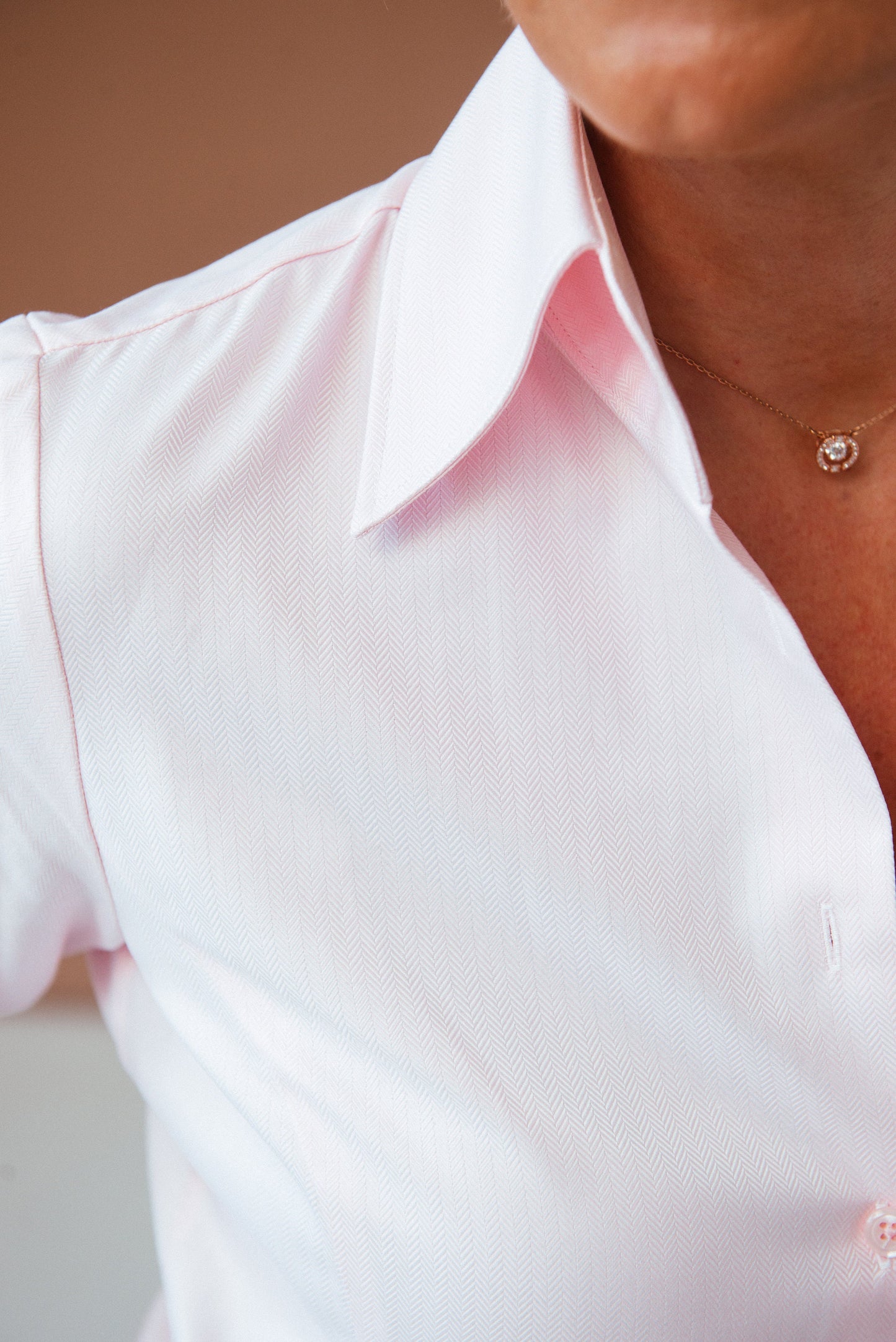 Pink Herringbone Cotton French Cuff Blouse - High Collar Elegant Shirt