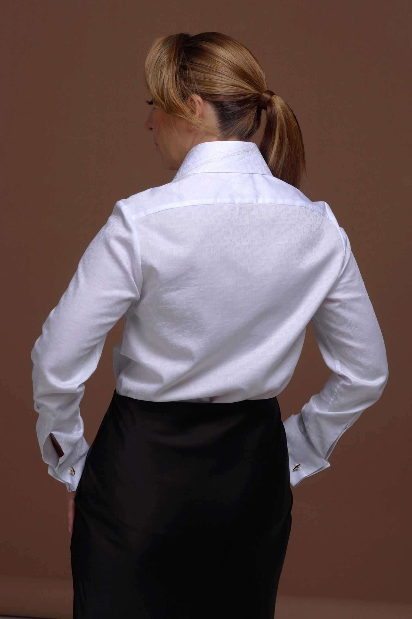 Floral Texture French Cuff Blouse: High Collar 100% Cotton Shirt for Women