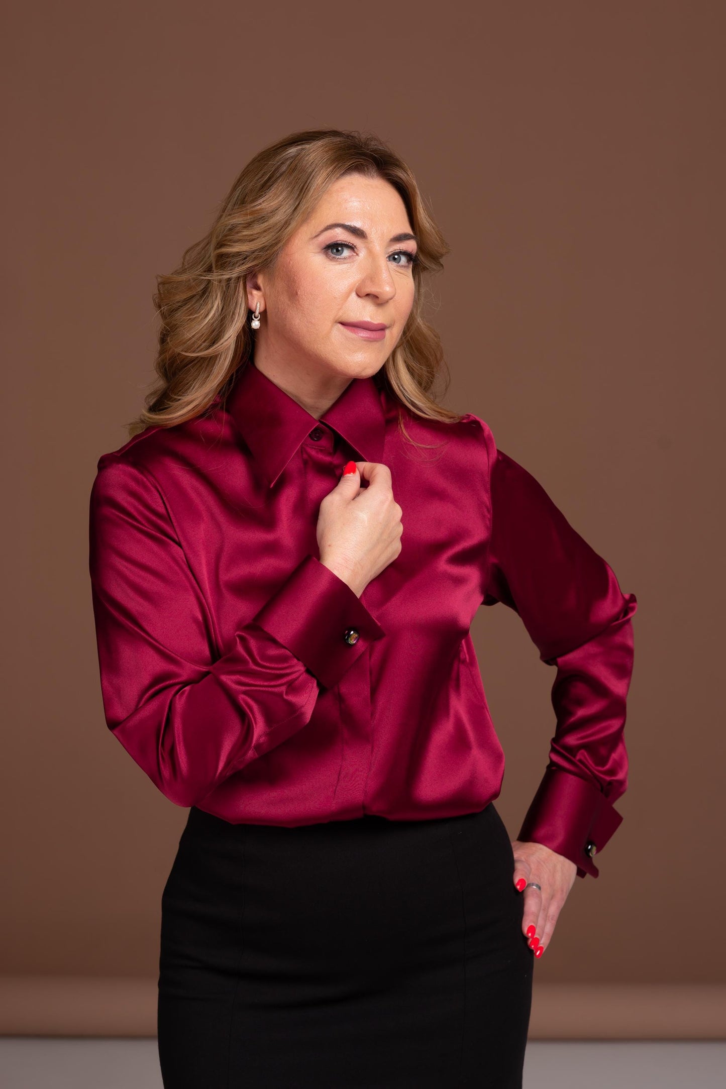 Mulberry Silk Blouse: Dark Red French Cuff Long Sleeve Shirt