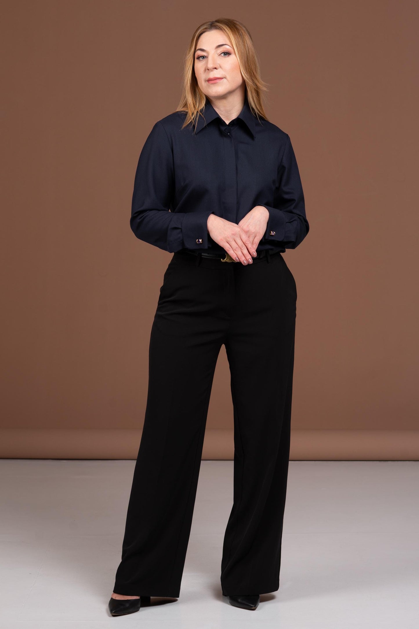 Luxury Navy Merino Wool French Cuff Shirt - Women's Business Blouse