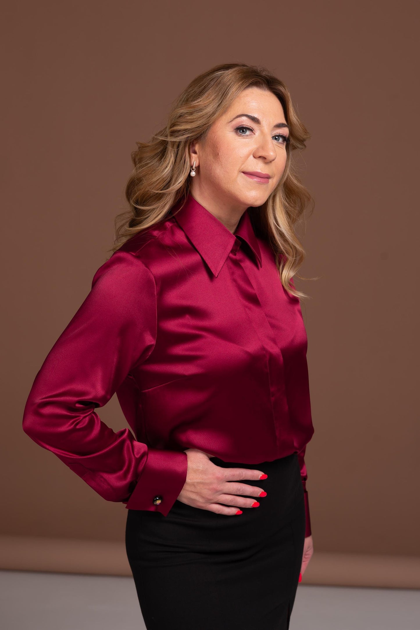Mulberry Silk Blouse: Dark Red French Cuff Long Sleeve Shirt