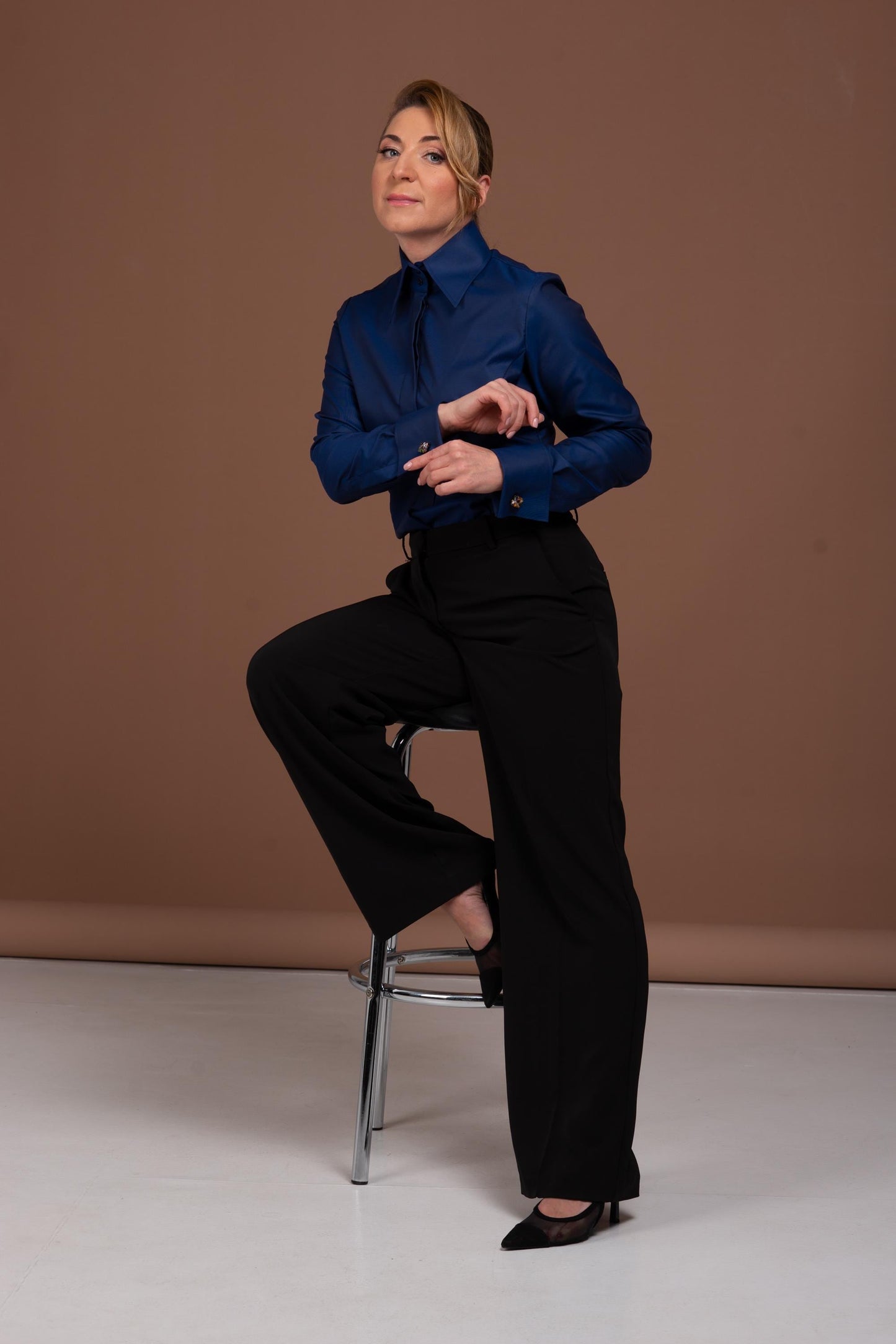 Navy Blue French Cuff Shirt: Fitted Easy Care Cotton Blouse