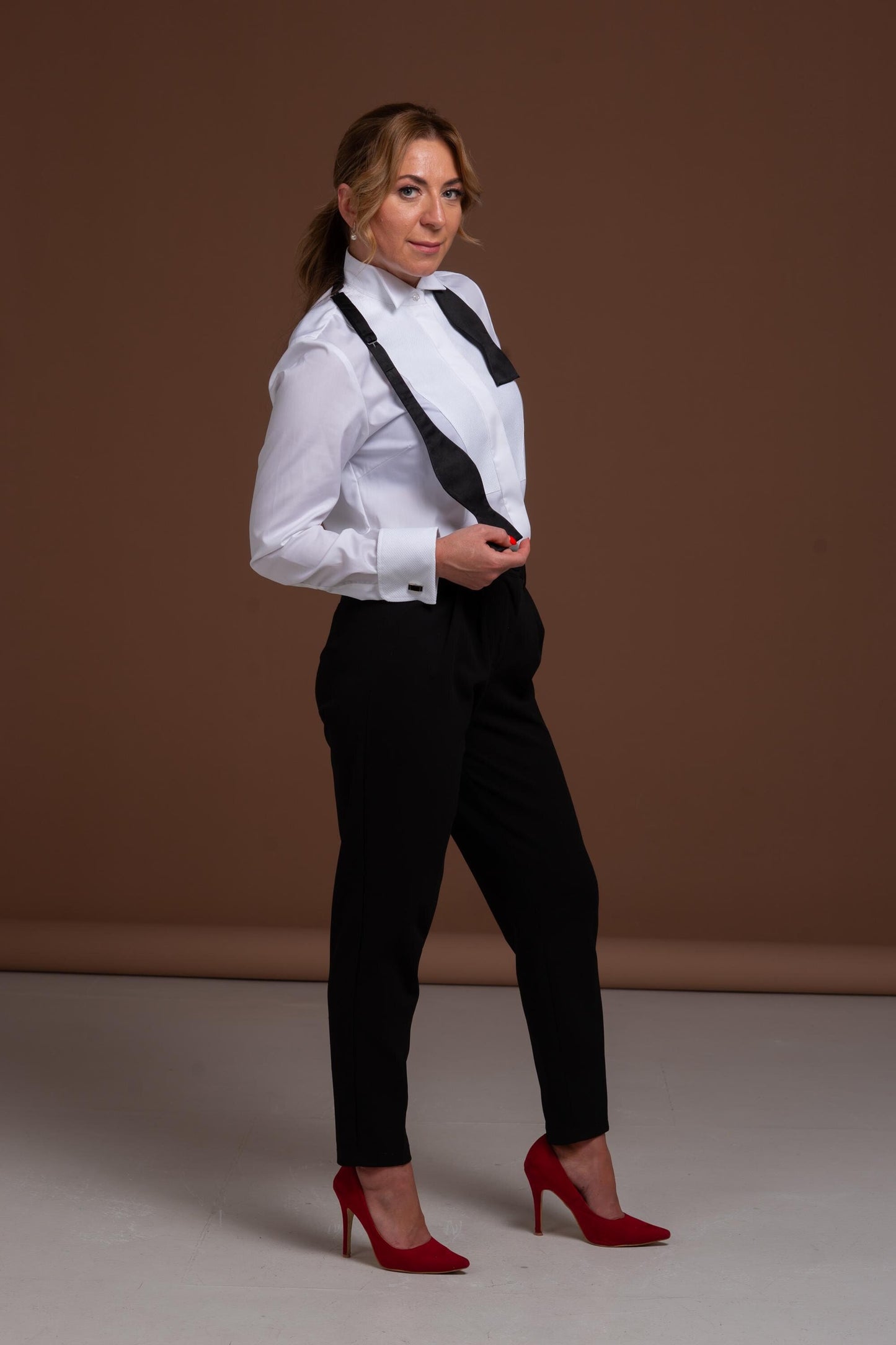 White Cotton Tuxedo Shirt: Piqué Detail, Wing Collar, French Cuff