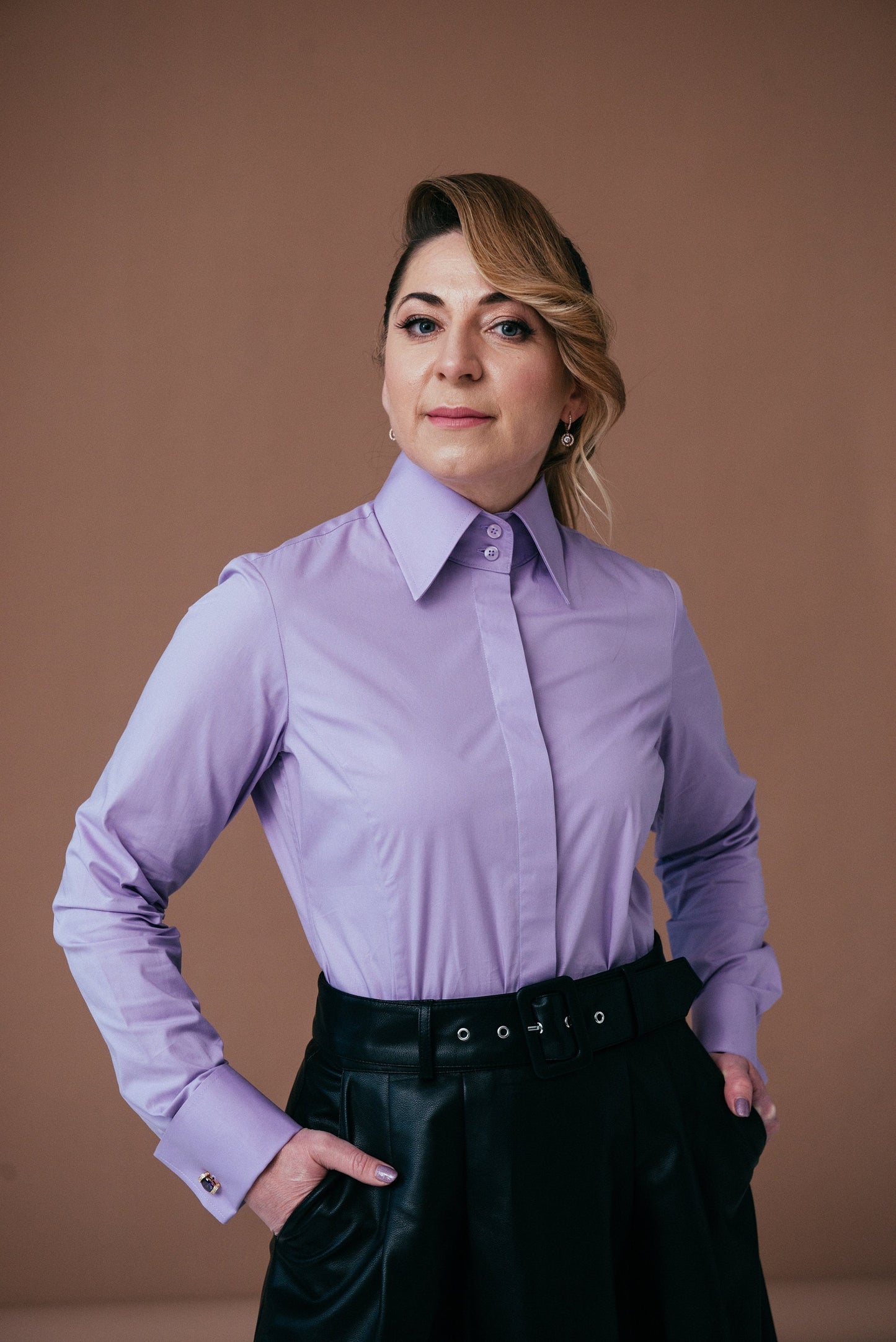 Purple French Cuff Blouse: Stretch Cotton High Collar Shirt