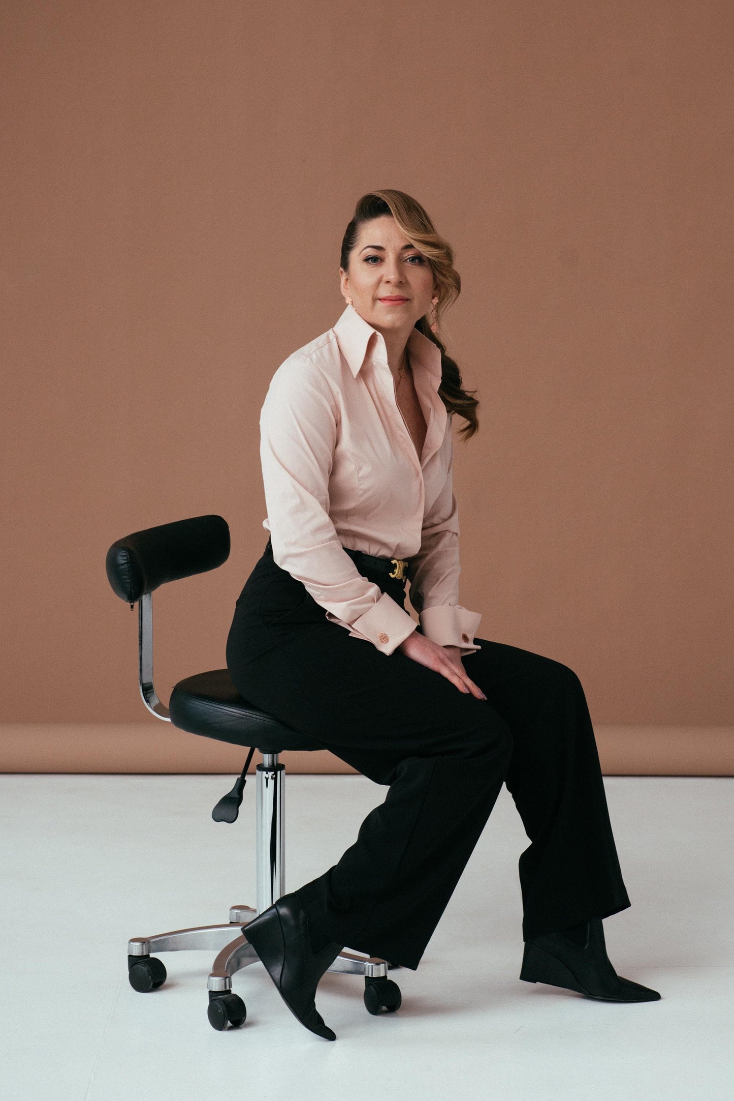 Pastel Pink Cotton French Cuff Blouse: Fitted High Collar Shirt